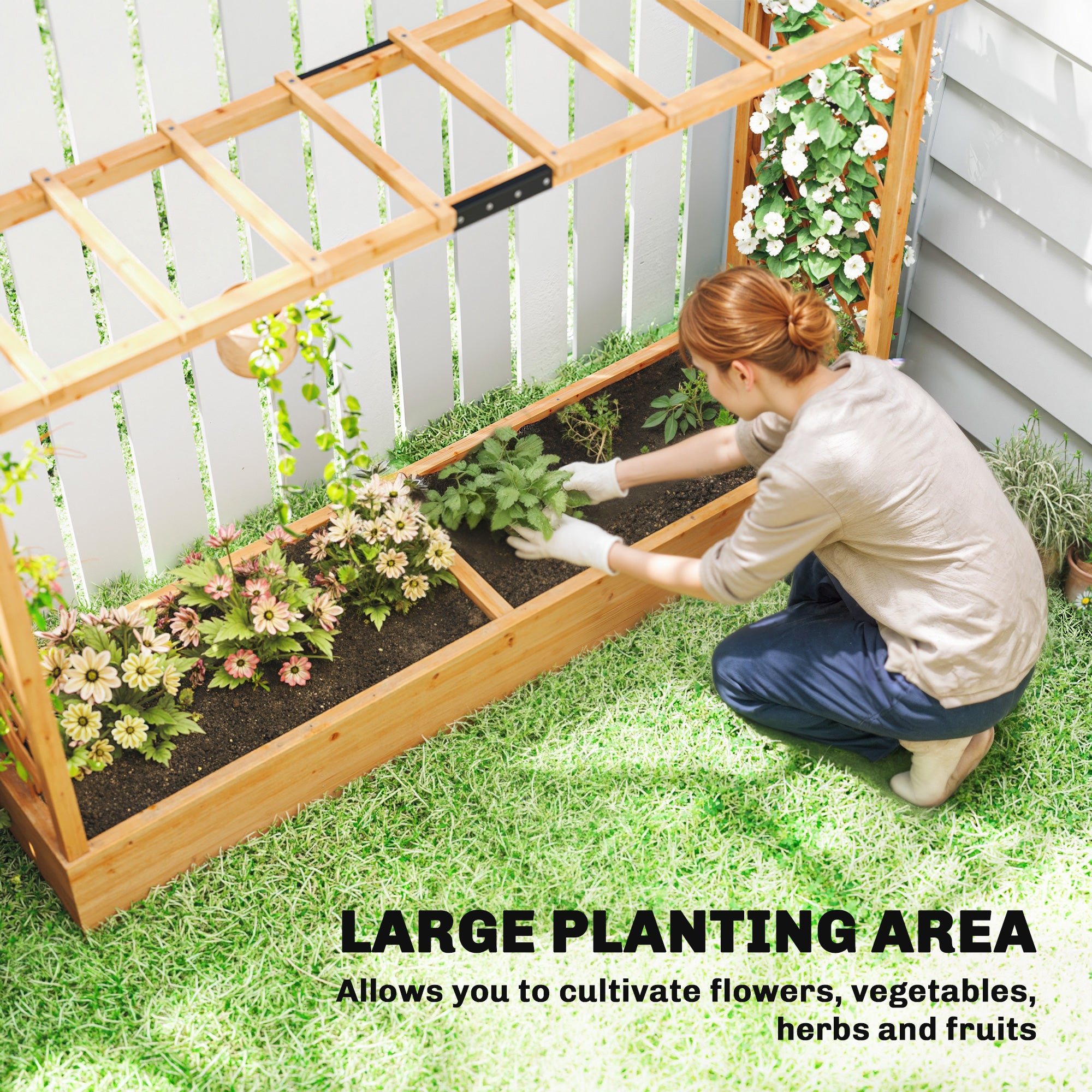 Outsunny Raised Planter with Trellis, Wooden Raised Bed for Garden with Hanging Roof and Drainage Holes, Outdoor Planter Box - anydaydirect