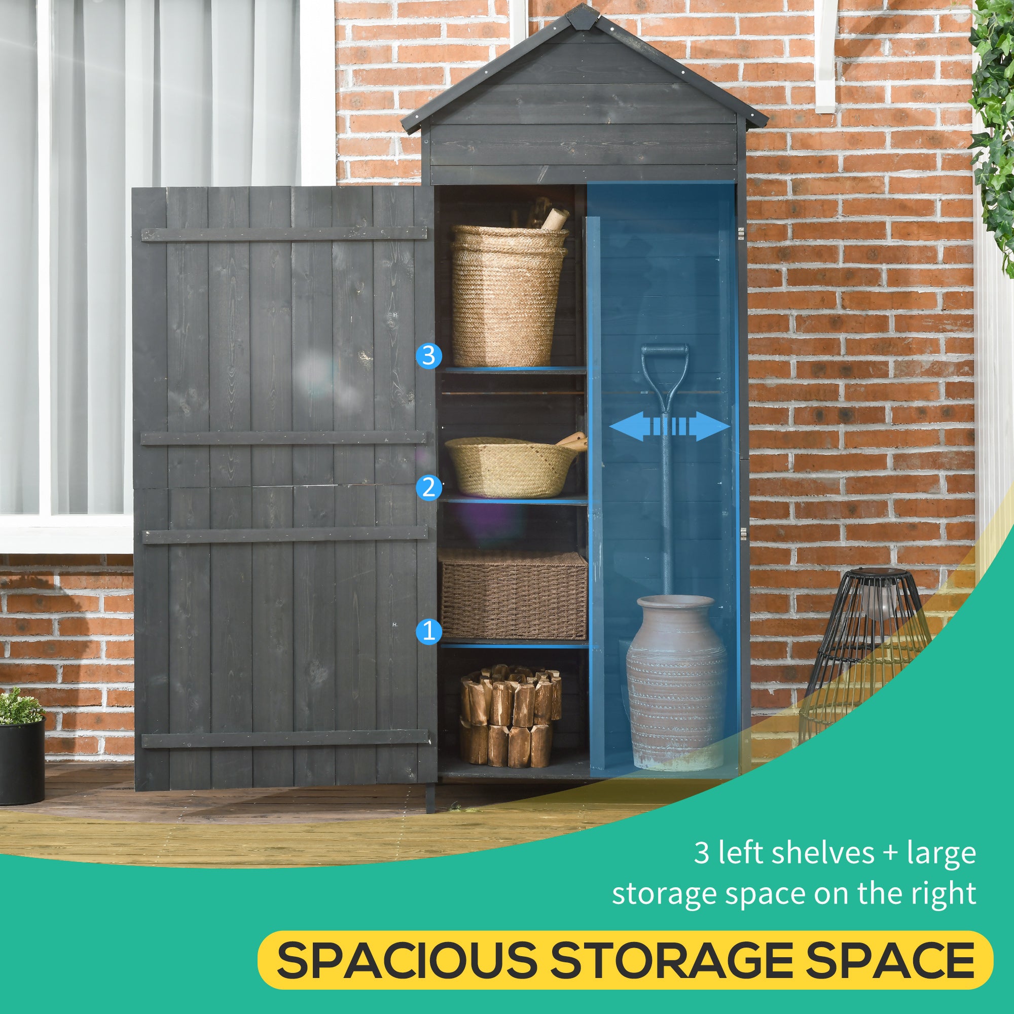 OutsunnyGarden Storage 4-Tier Wooden Garden Outdoor Shed 3 Shelves Utility Gardener Cabinet Lockable 2 Doors - Grey - anydaydirect