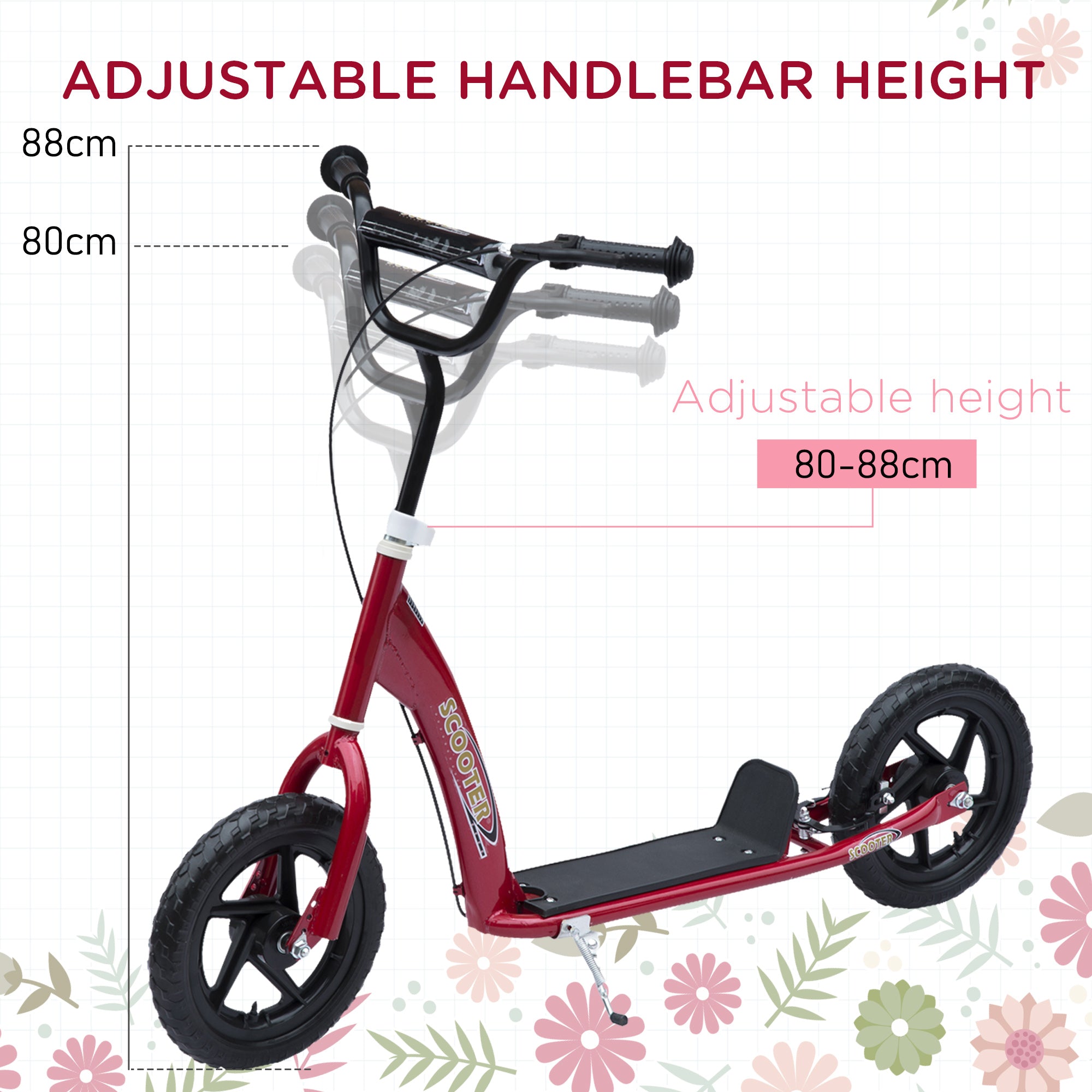 HOMCOM Teen Push Scooter Kids Children Stunt Scooter w/ 12" EVA Tyres, Red - anydaydirect