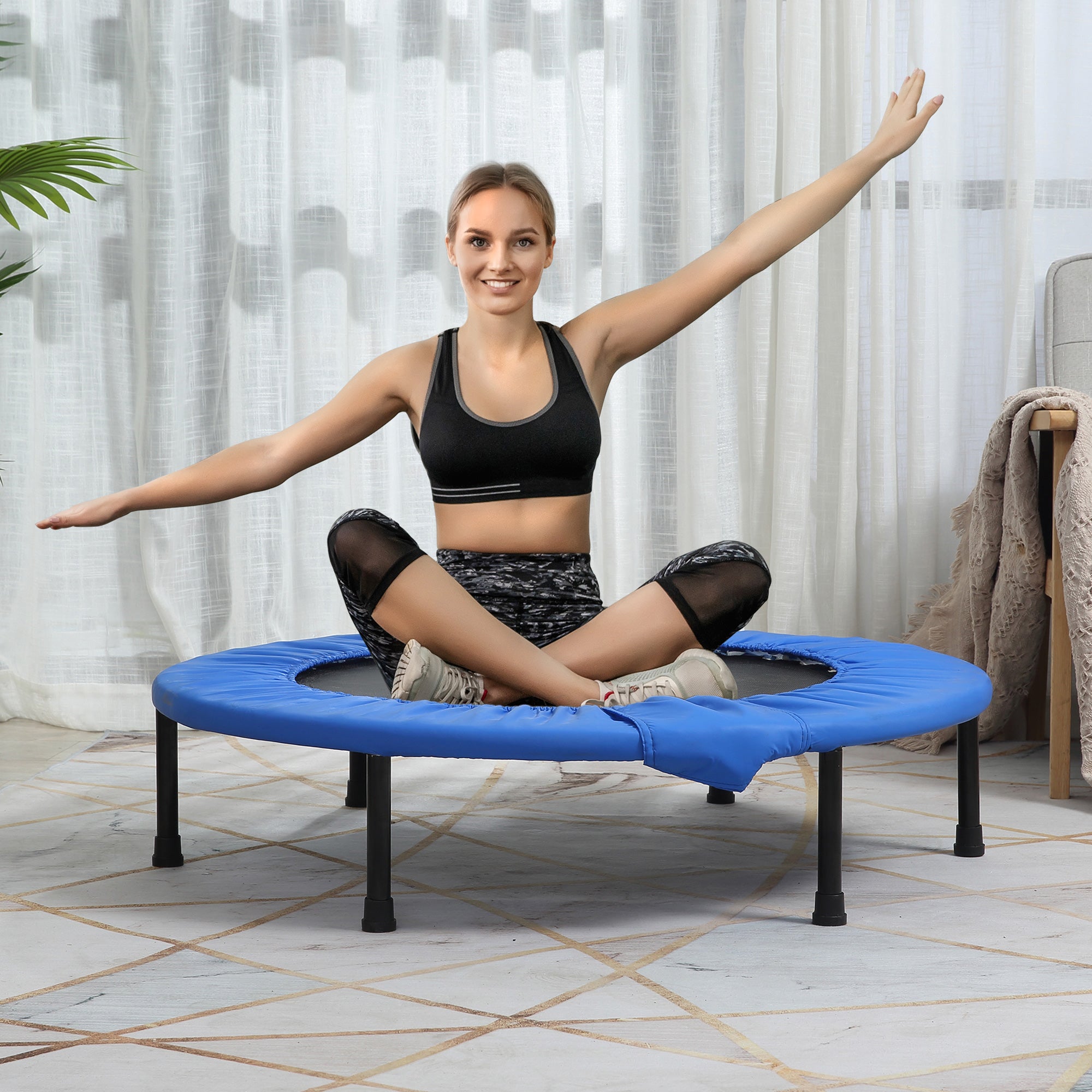 HOMCOM ?96cm Mini Fitness Trampoline Home Gym Yoga Exercise Rebounder Indoor Outdoor Jumper with Safety Pad, Support Up to 100 KG, Blue and Black - anydaydirect