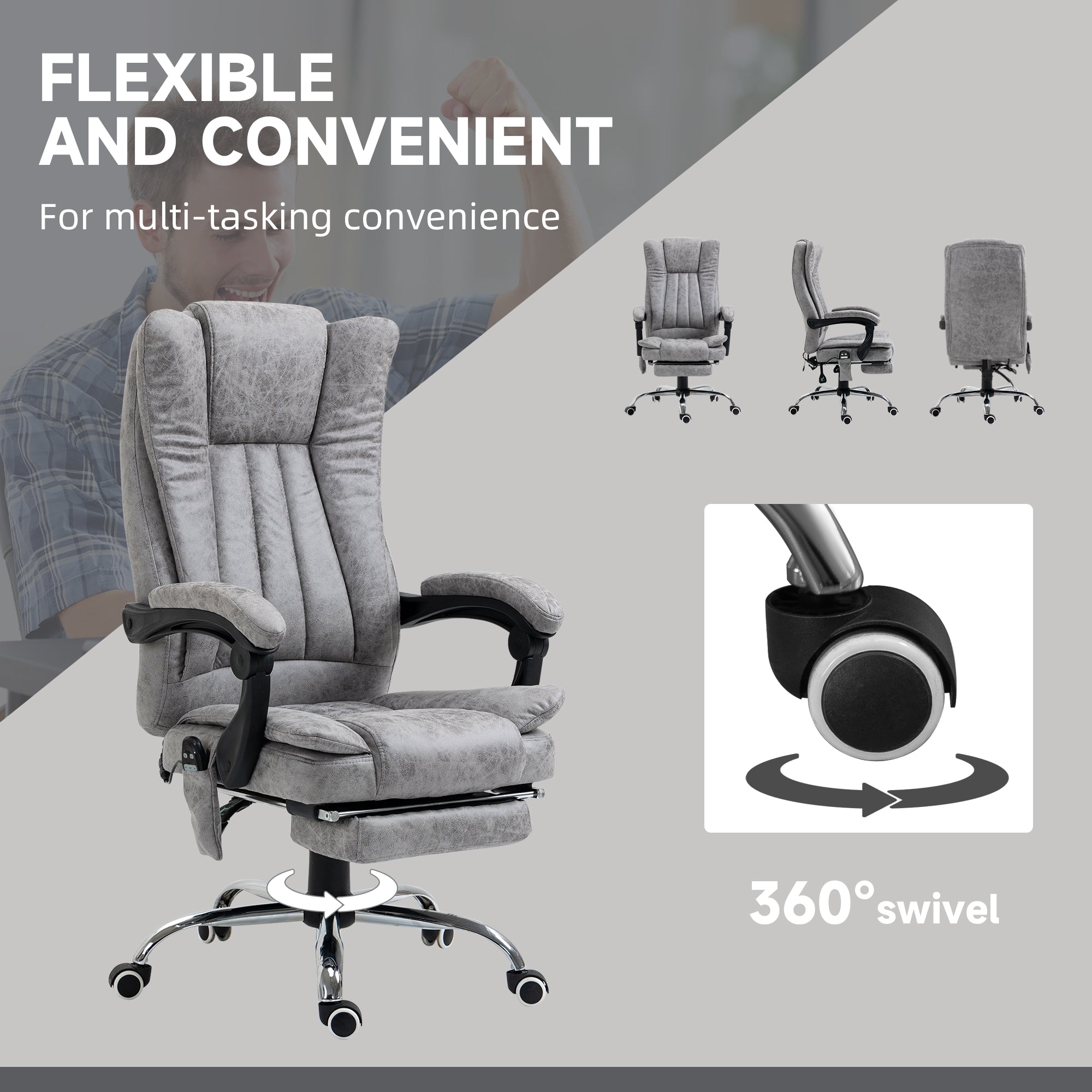 Vinsetto Office Chair with Massage and Heat, Microfibre Reclining Computer Desk Chair with Footrest and Adjustable Height, Swivel Wheels for Home Office, Grey - anydaydirect