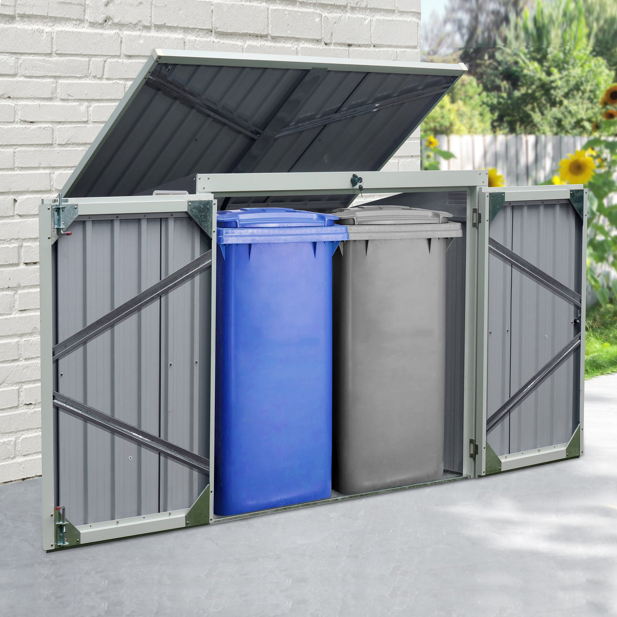 Outsunny 5ft x 3ft Garden 2-Bin Corrugated Steel Rubbish Storage Shed w/ Locking Doors Lid Outdoor Hygienic Dustbin Unit Garbage Trash Cover - anydaydirect