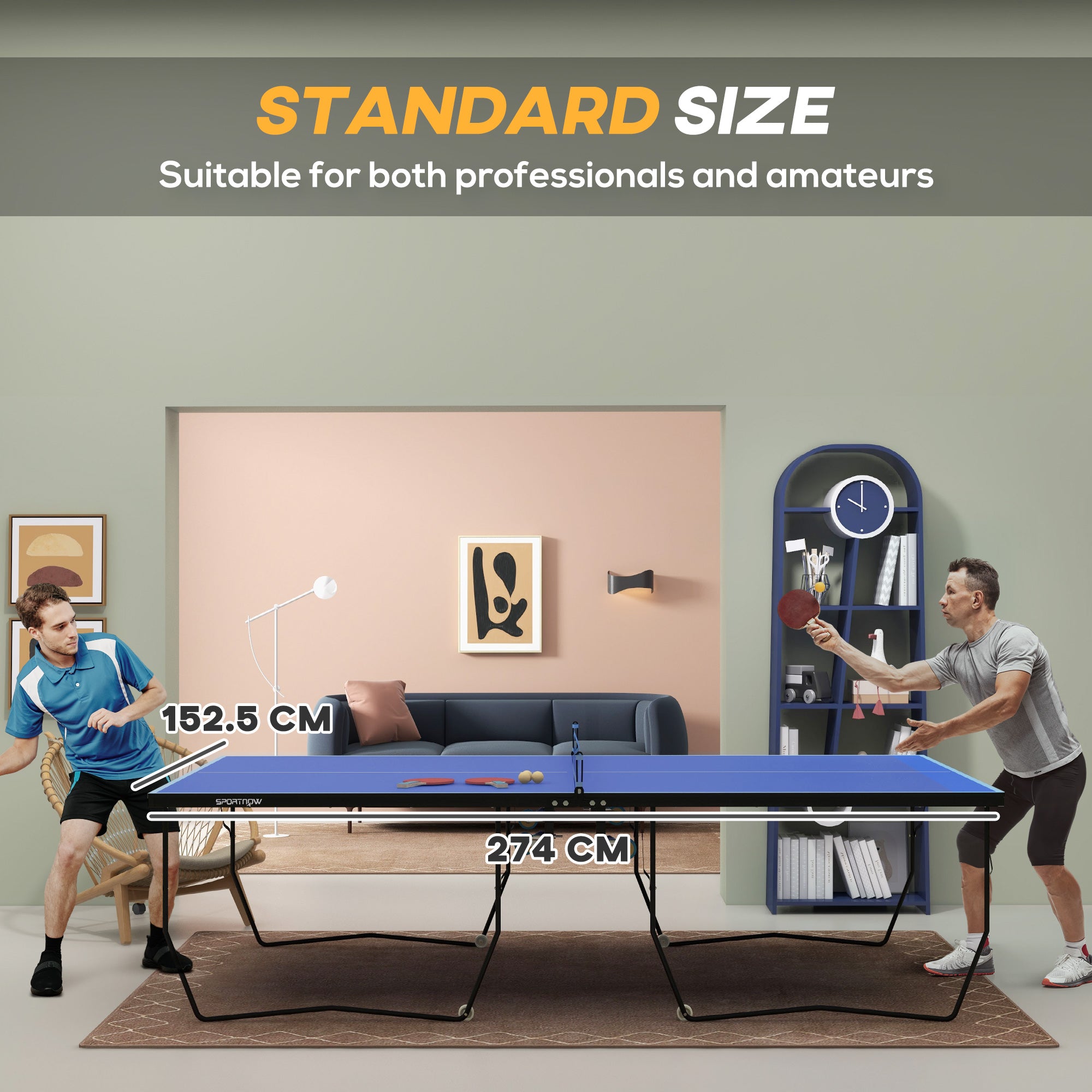 SPORTNOW 9FT Folding Tennis Table, with 8 Wheels, for Indoor Use, Blue - anydaydirect
