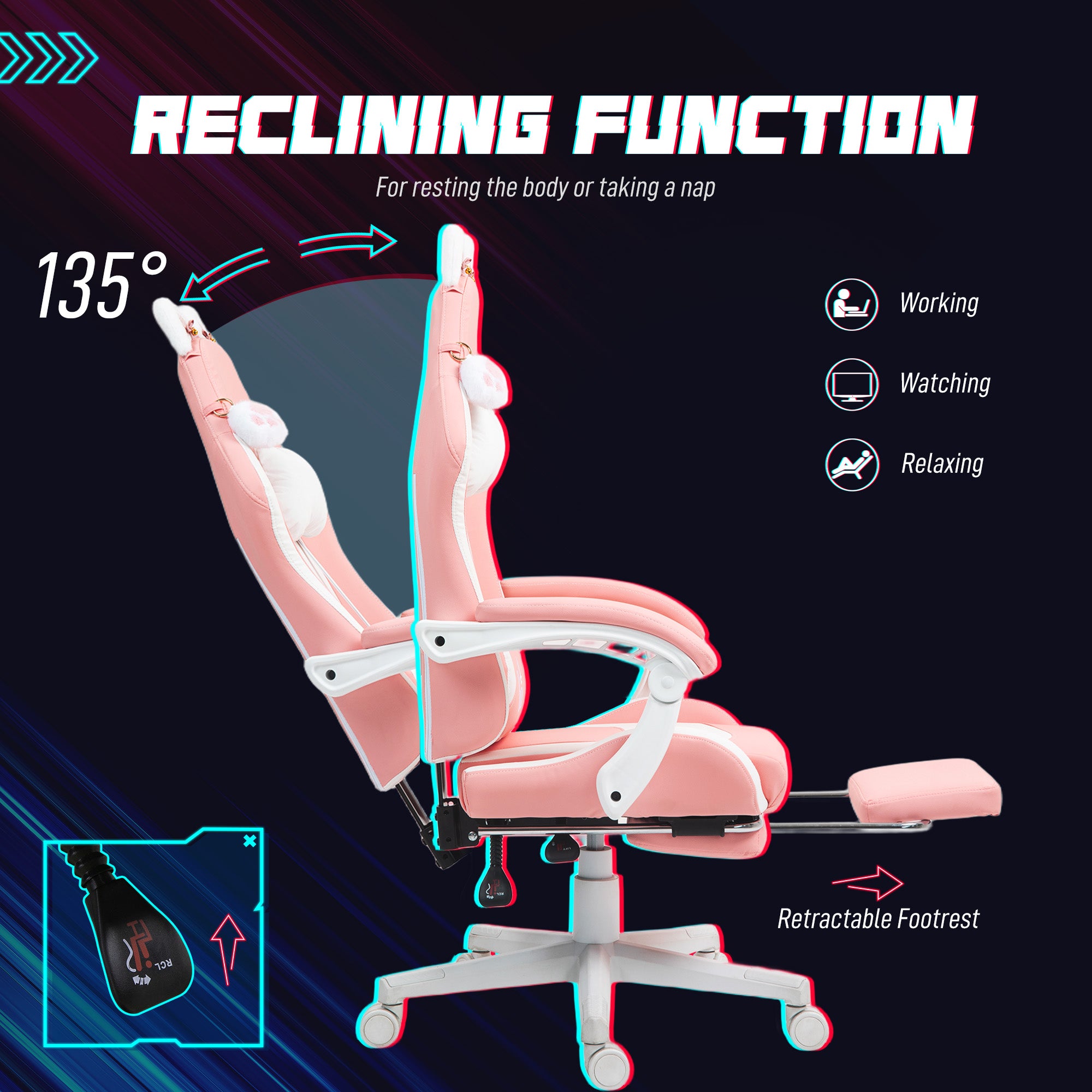 HOMCOM Cat Ear and Paw Reclining Office Chair, with Footrest - Pink/White - anydaydirect