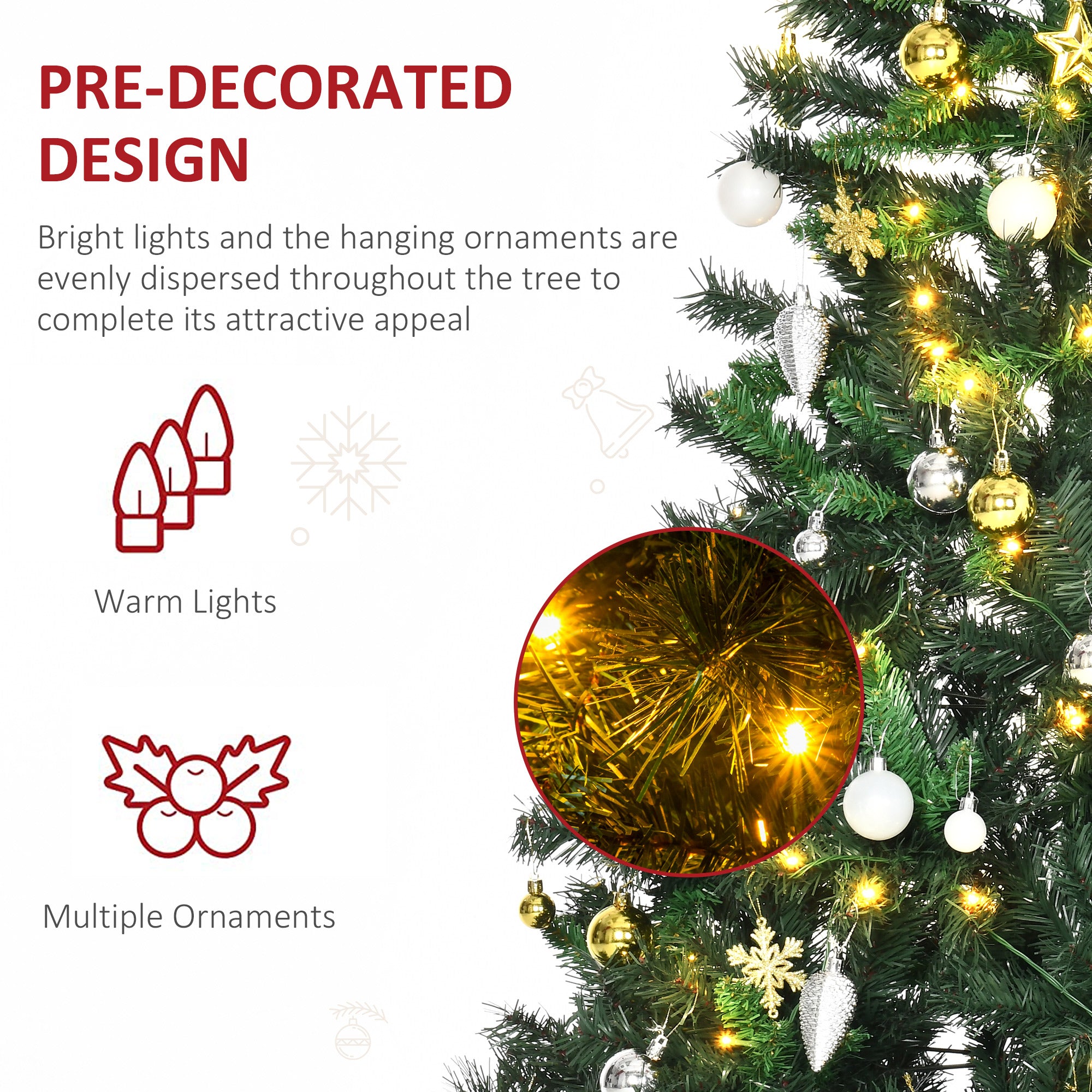 HOMCOM 1.8m 6ft Pre Lit Christmas Tree 200 LED Xmas Tree Holiday Décor with Decorative Balls Ornament Metal Stand - anydaydirect