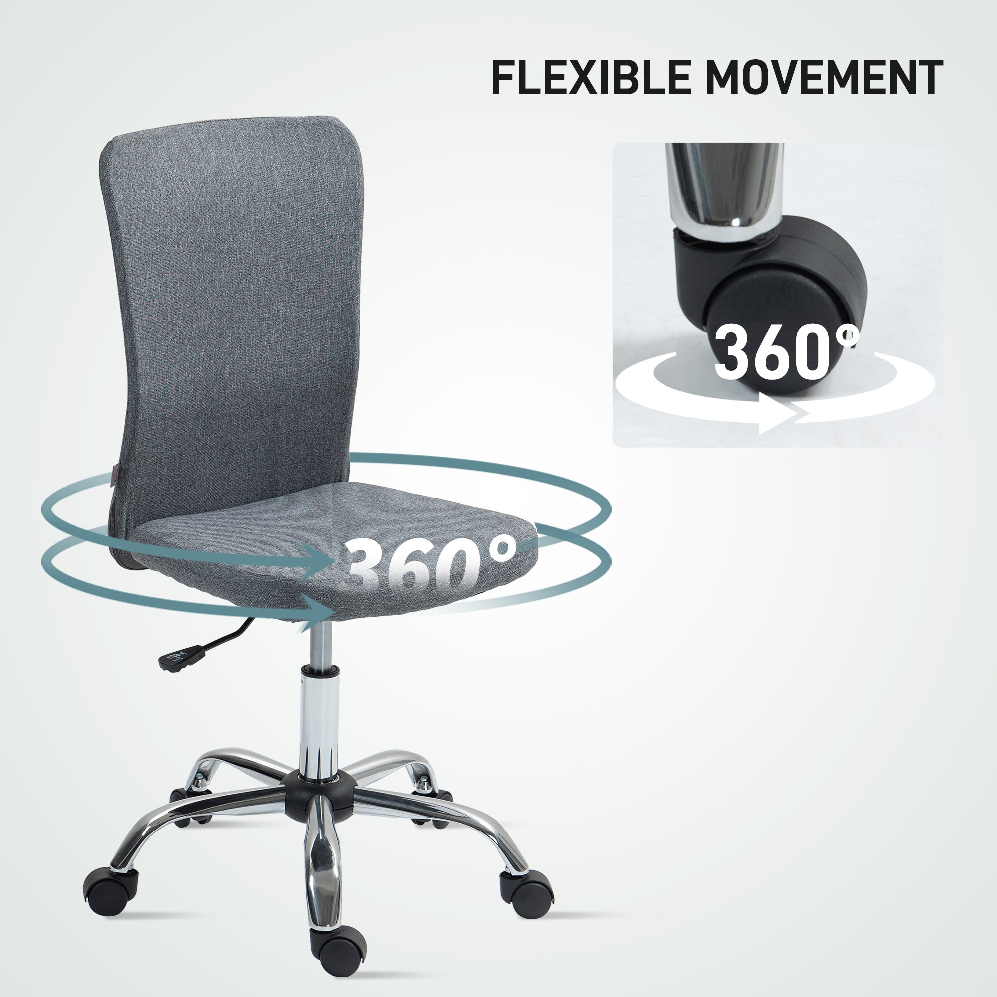 HOMCOM Armless Computer Desk Chair, Fabric Swivel Office Chair, Makeup Vanity Chair with Height Adjustable, Wheels, for Home Study Bedroom, Grey - anydaydirect