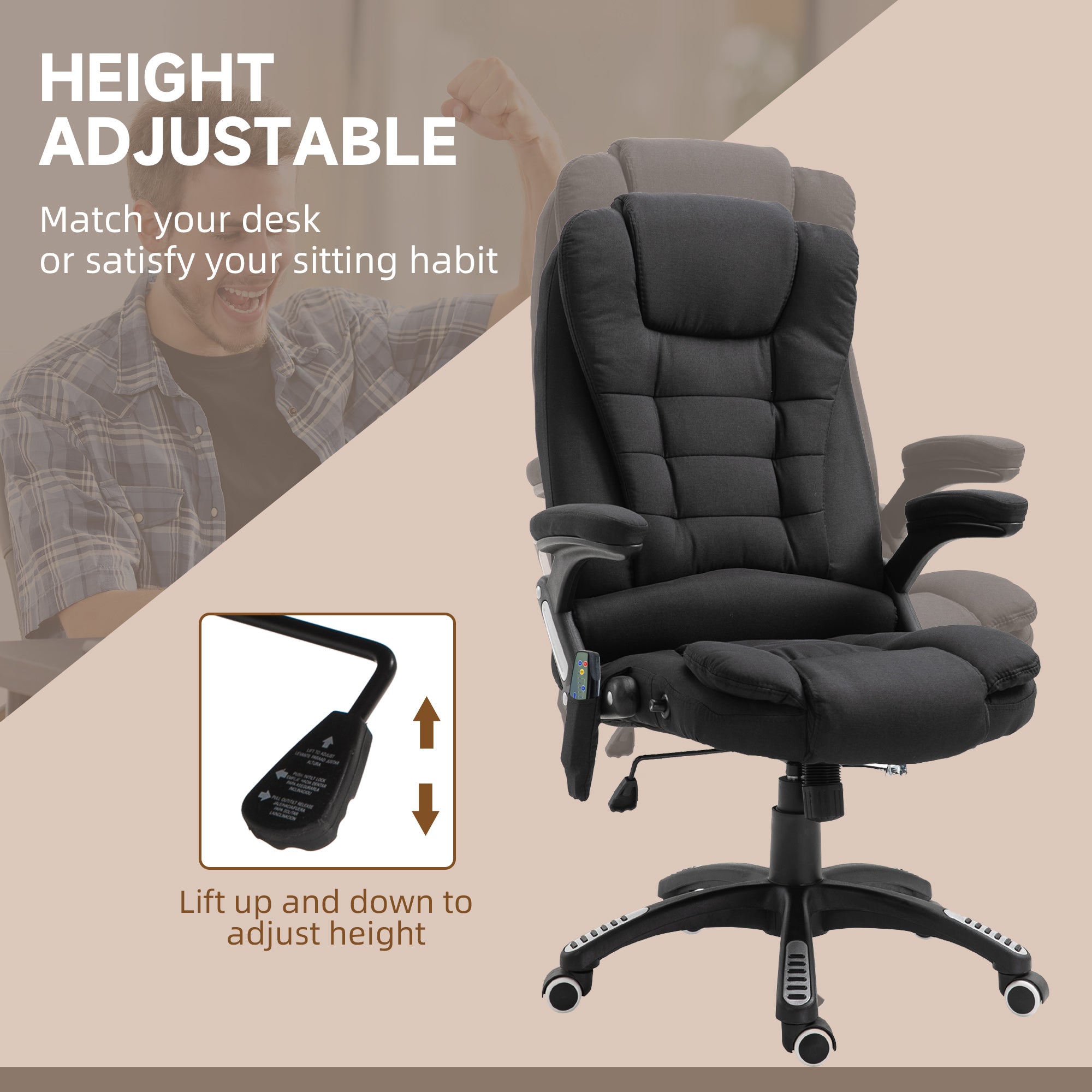 Vinsetto Massage Recliner Chair Heated Office Chair with Six Massage Points Linen-Feel Fabric 360° Swivel Wheels Black - anydaydirect
