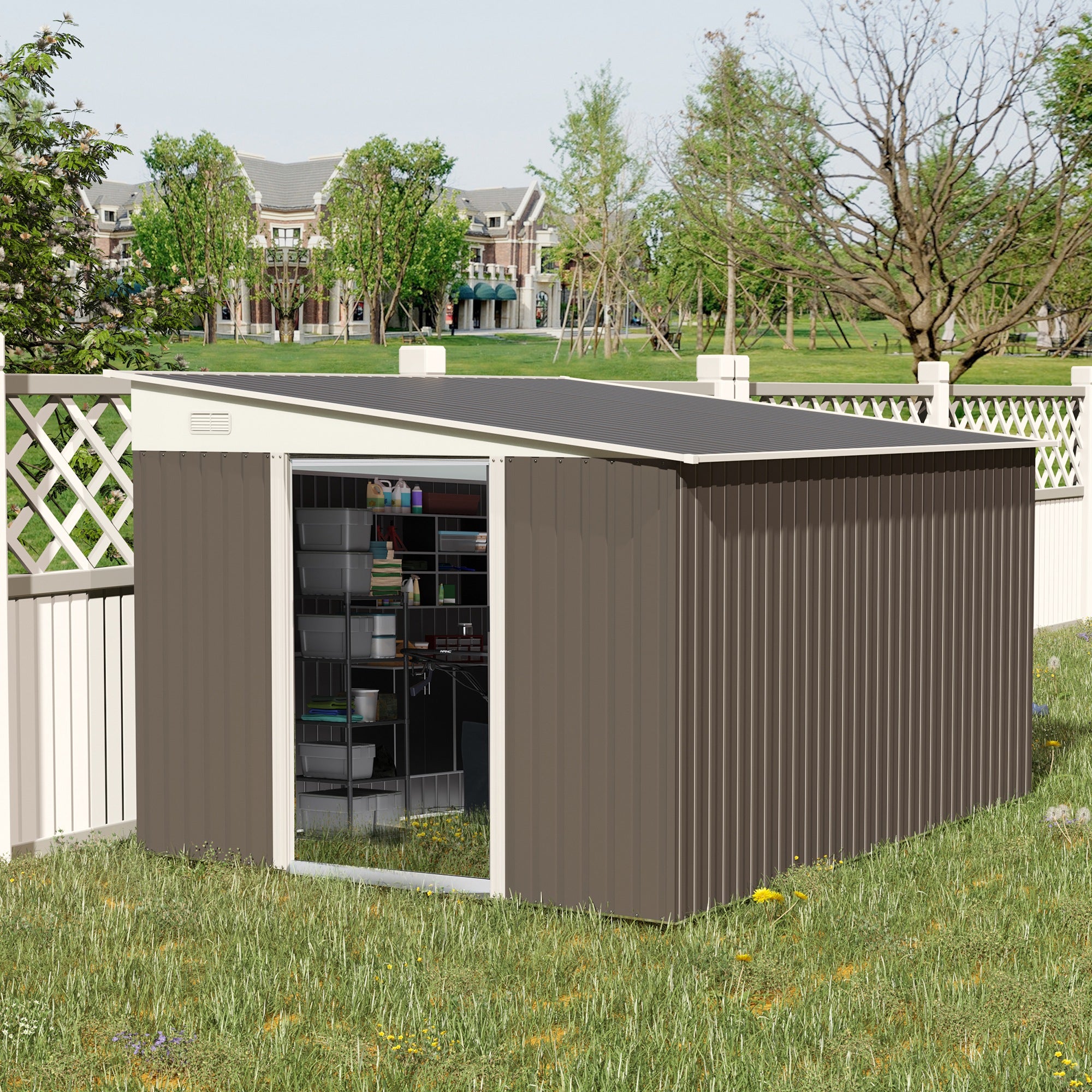 Outsunny 11 x 9 ft Metal Garden Storage Shed Sloped roof Tool House with Double Sliding Doors and 2 Air Vents, Grey - anydaydirect