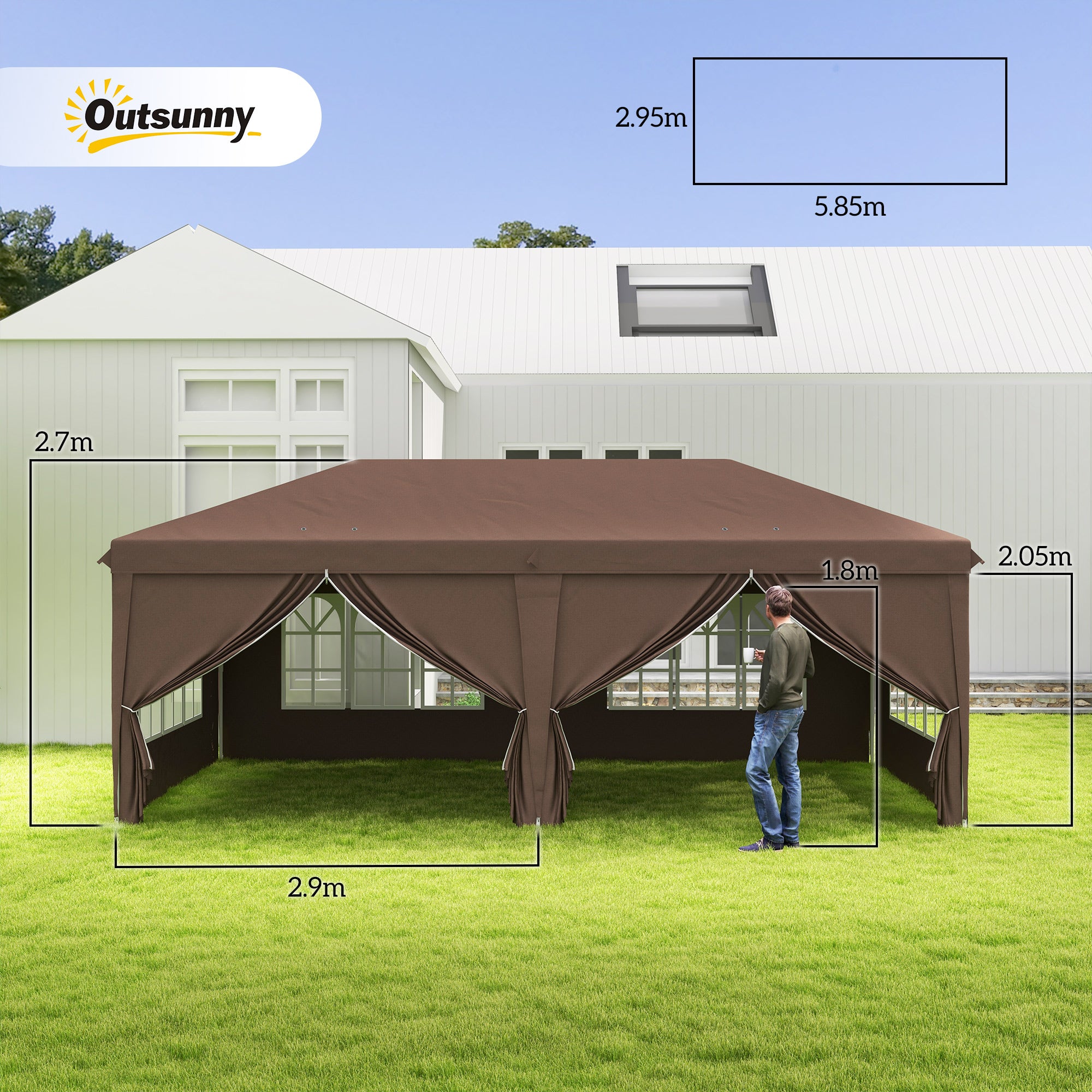 Outsunny 3 x 6 m Pop Up Gazebo with Sides and Windows, Height Adjustable Party Tent with Storage Bag for Garden, Camping, Event, Brown - anydaydirect
