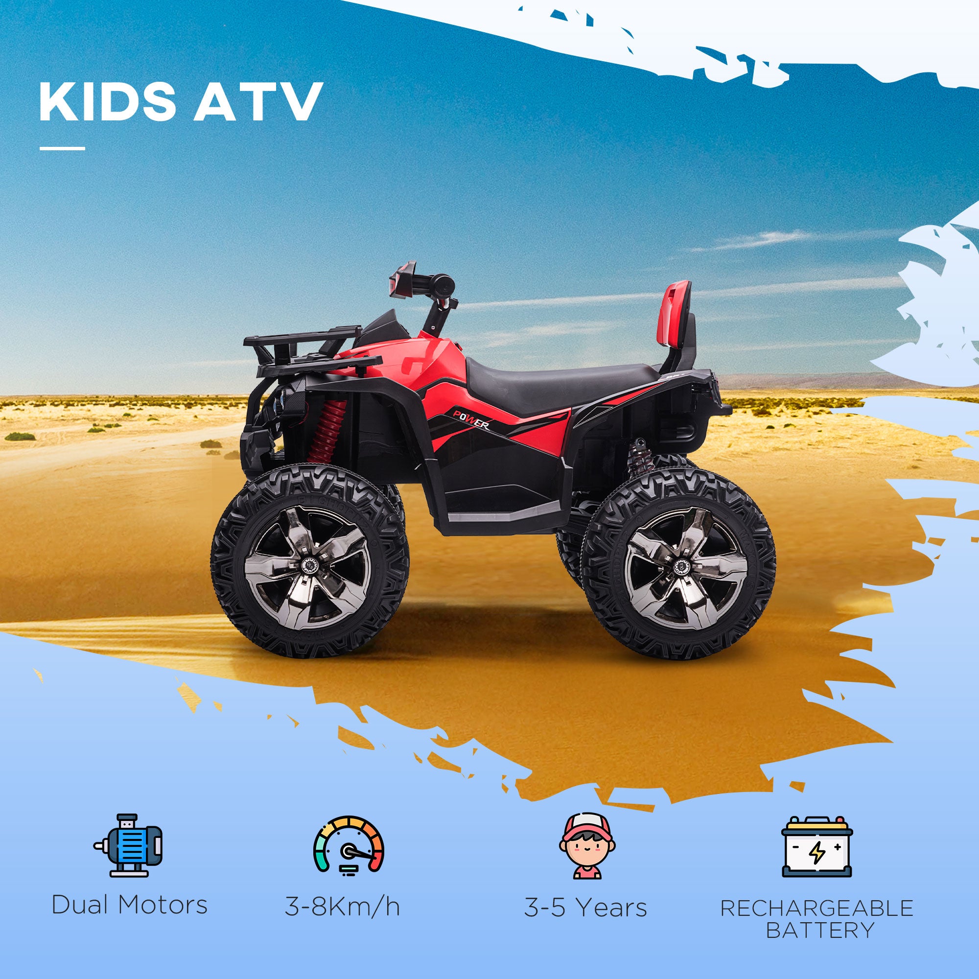 HOMCOM 12V Quad Bike ATV with LED Lights, Music, Backrest, Forward, Backward, Red - anydaydirect