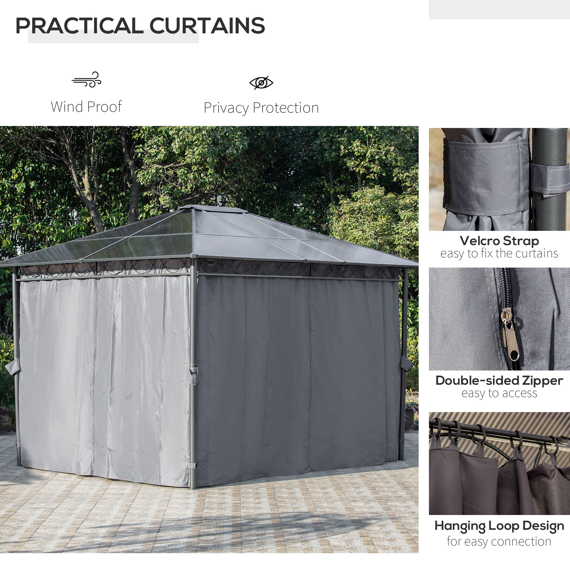 Outsunny 3 x 3.6m Hardtop Gazebo Canopy with Polycarbonate Roof, Permanent Pavilion Garden Gazebo with Curtains for Patio, Deck, Grey - anydaydirect