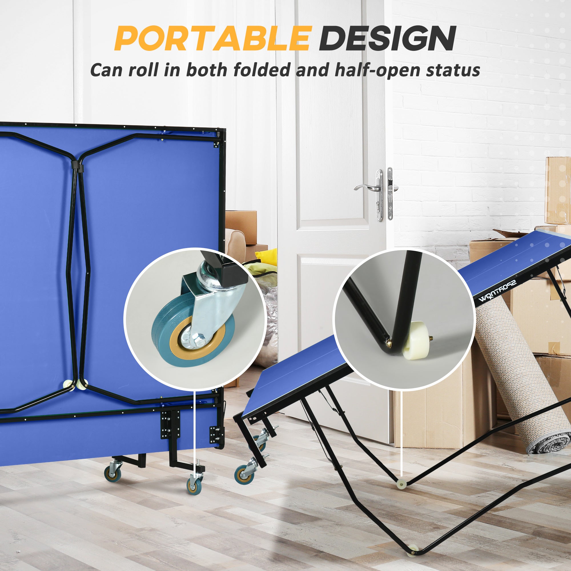 SPORTNOW 9FT Folding Tennis Table, with 8 Wheels, for Indoor Use, Blue - anydaydirect