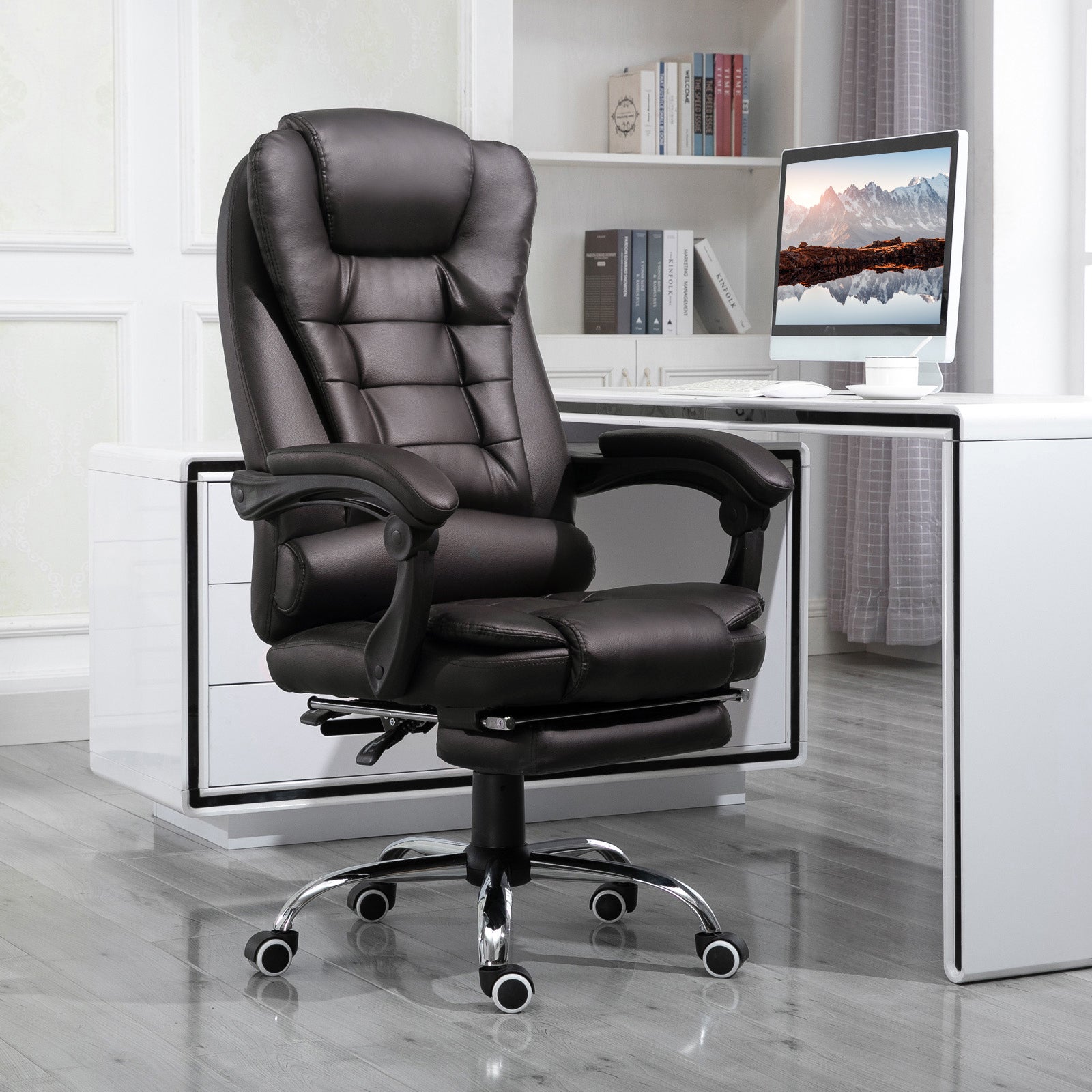 HOMCOM PU Leather Executive Office Chair, High Back Swivel Chair with Retractable Footrest, Adjustable Height, Reclining Function, Brown - anydaydirect
