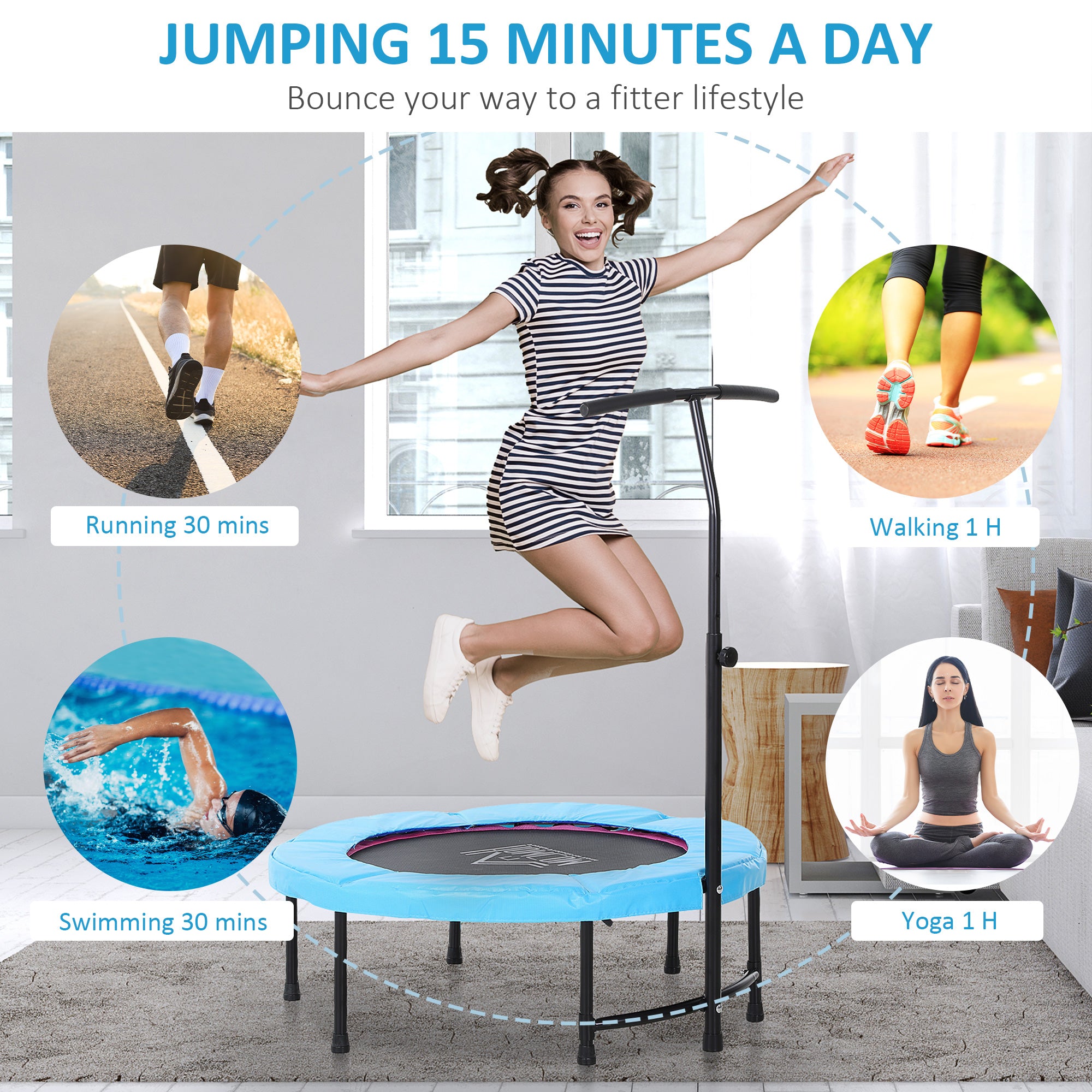HOMCOM 40" Fitness Trampoline with Adjustable Handle, Rebounder Trampoline, Mini Jumper for Indoor Exercise Workout, Blue - anydaydirect