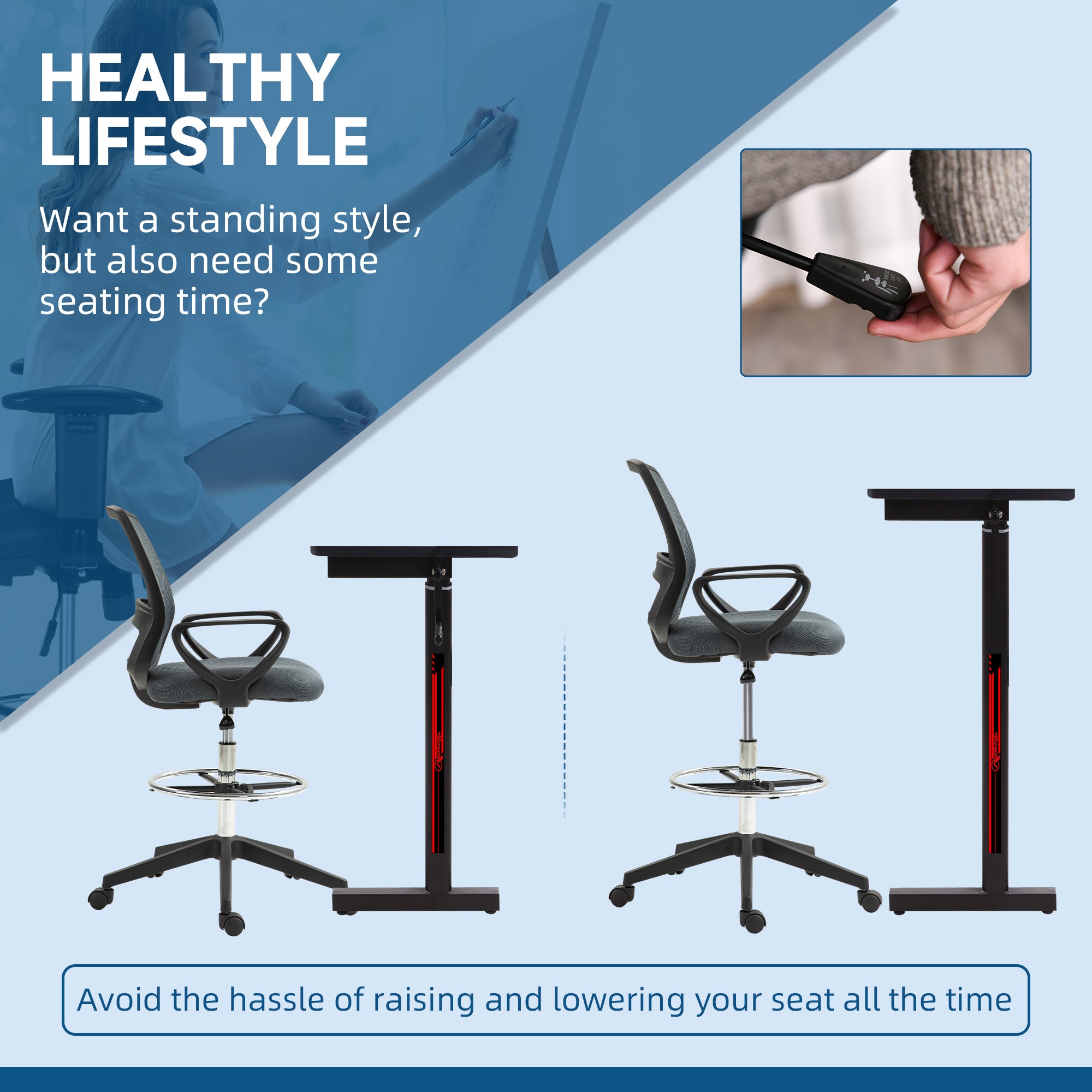 Vinsetto Ergonomic Mesh Back Drafting Chair Draughtsman Chair with Adjustable Height, Grey - anydaydirect