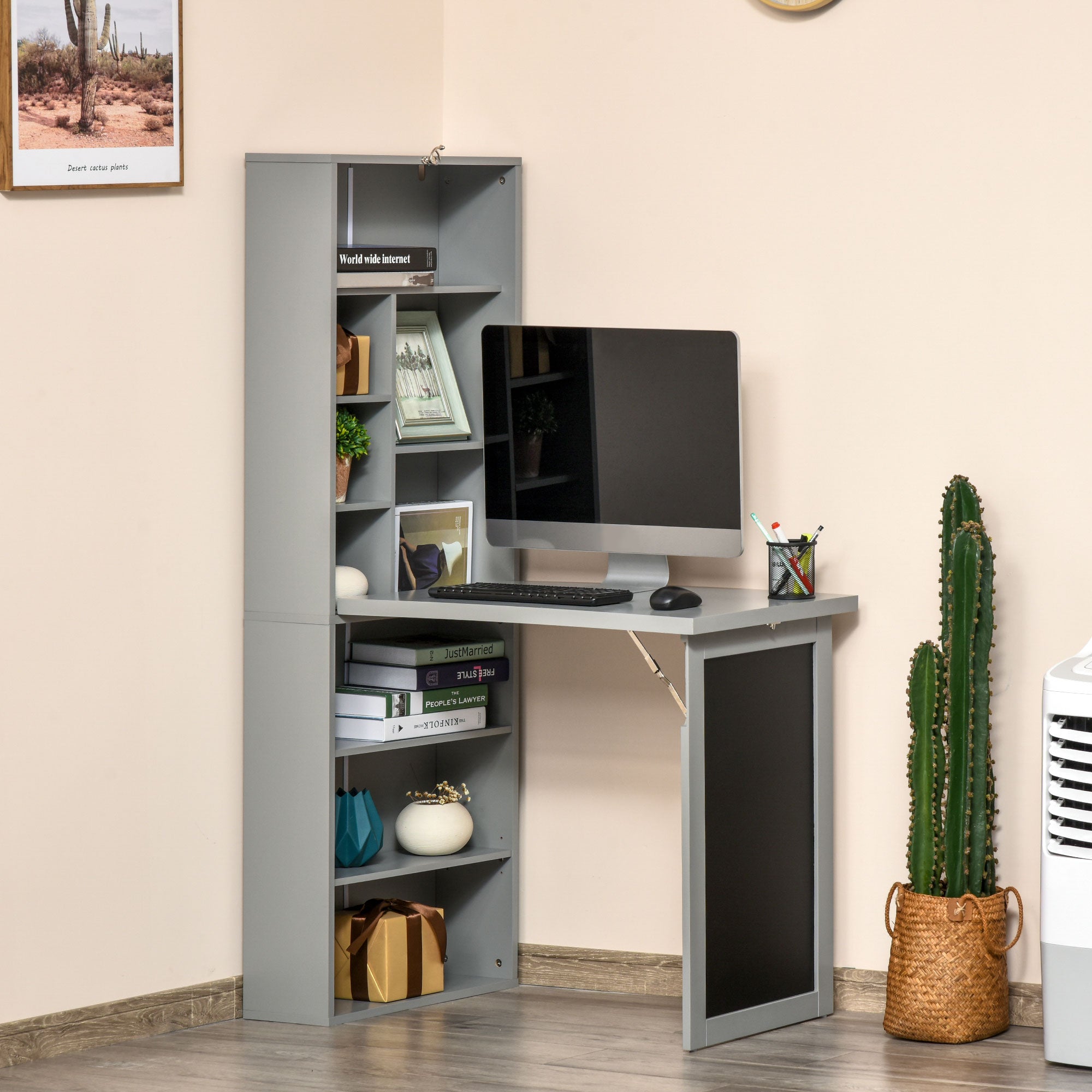 HOMCOM Folding Convertible Desk with Blackboard Multi-function Computer Office Workstation Side Shelf for Home Office, Grey - anydaydirect