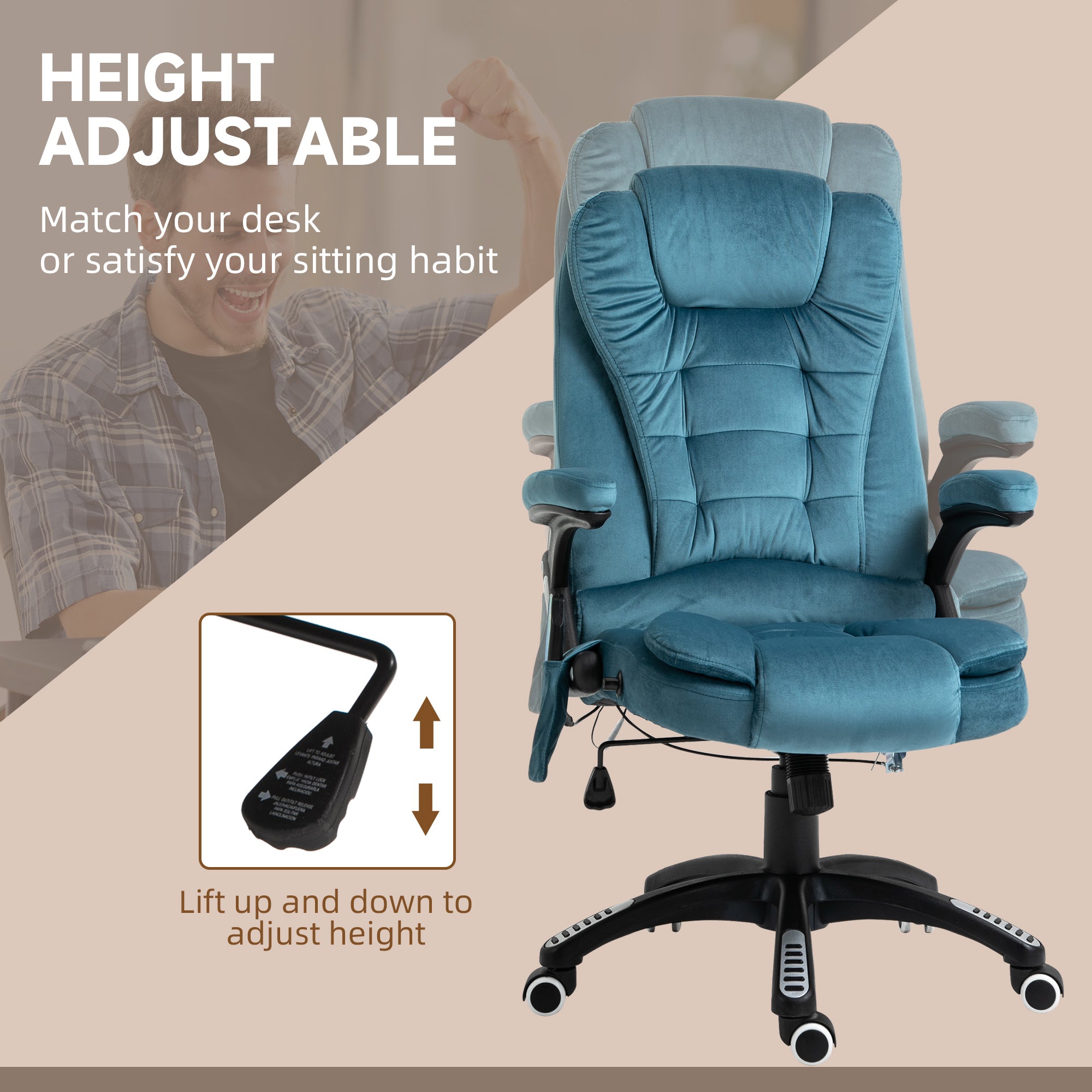 Vinsetto Massage Recliner Chair Heated Office Chair with Six Massage Points Velvet-Feel Fabric 360° Swivel Wheels Blue - anydaydirect