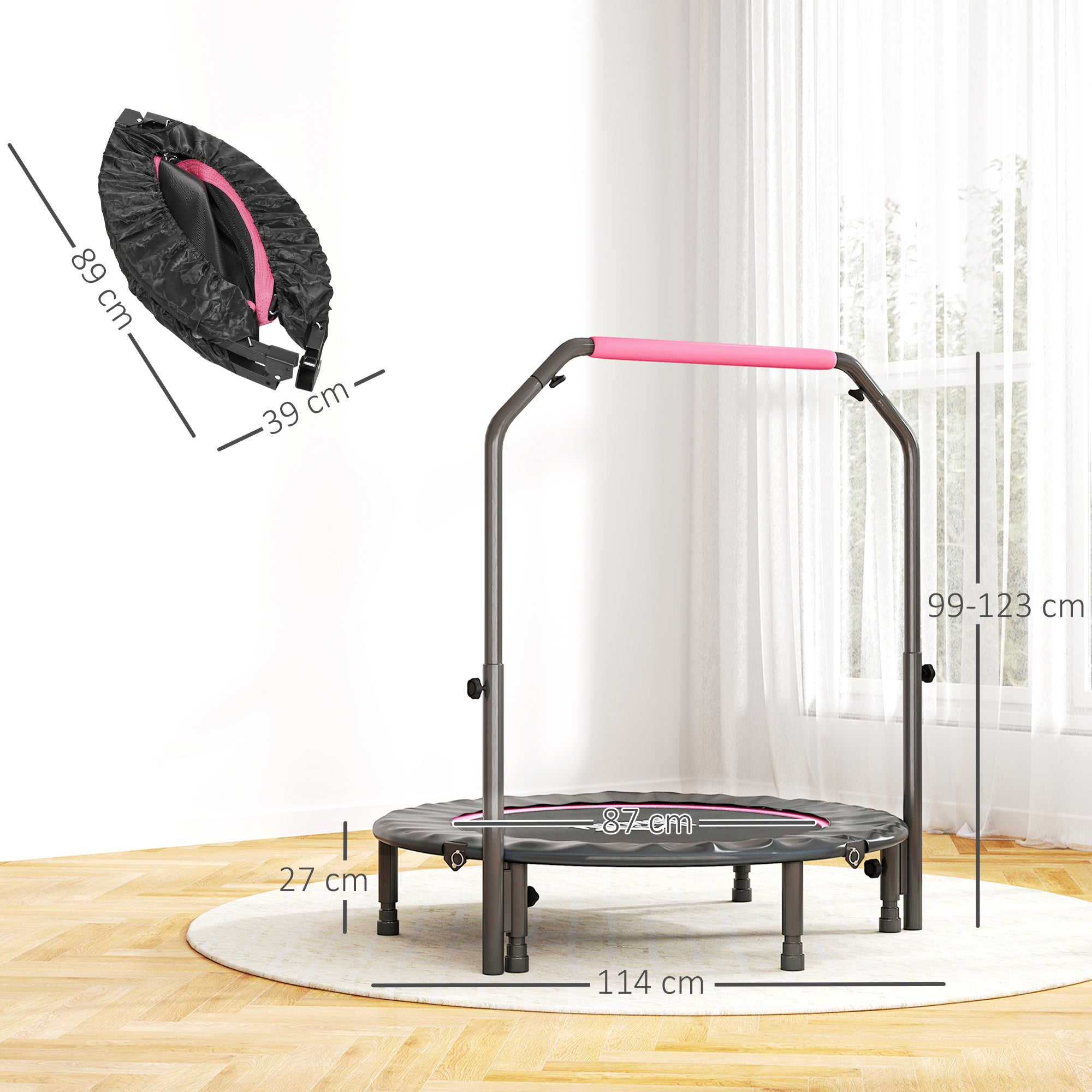 HOMCOM 45" Foldable Mini Fitness Trampoline, with Adjustable Foam Handle, Pink - anydaydirect