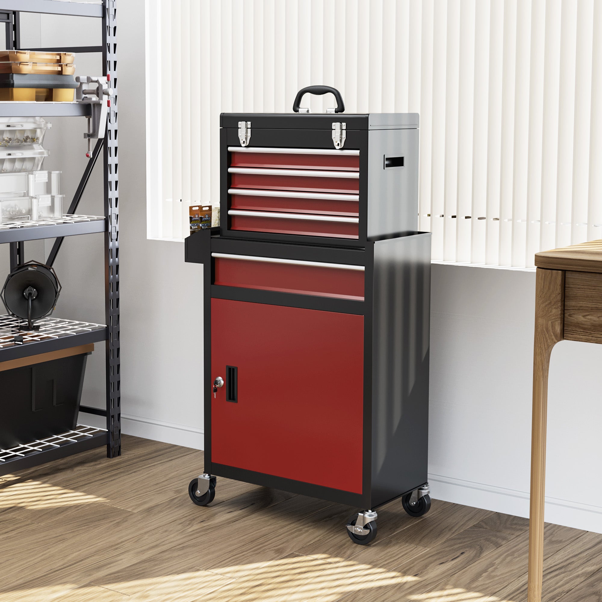 HOMCOM Two-Part Tool Storage Chest on Wheels - Black/Red - anydaydirect