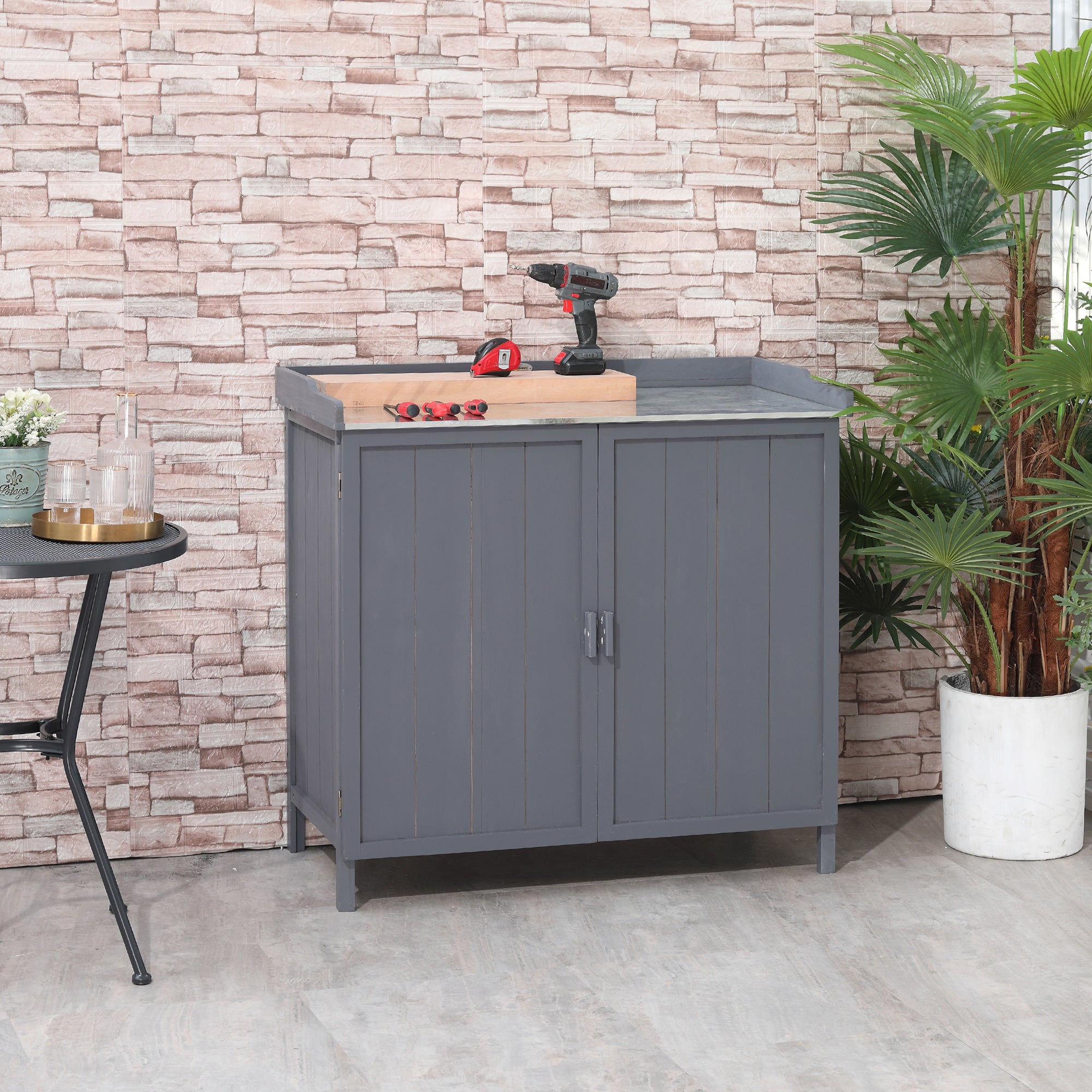 Outsunny Wooden Garden Storage Shed Tool Cabinet Organiser w/ Potting Bench Table, Two Shelves, 98 x 48 x 95.5 cm, Grey - anydaydirect