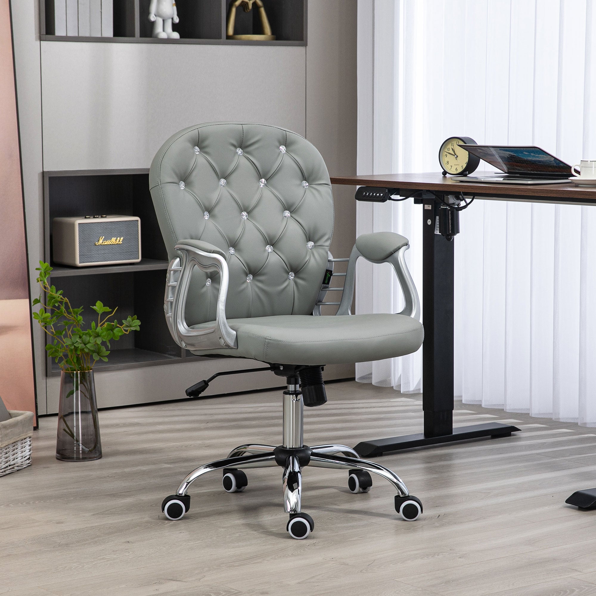 Vinsetto Office Chair Ergonomic 360° Swivel PU Diamante Padded Base 5 Castor Wheels for Home Work Grey - anydaydirect