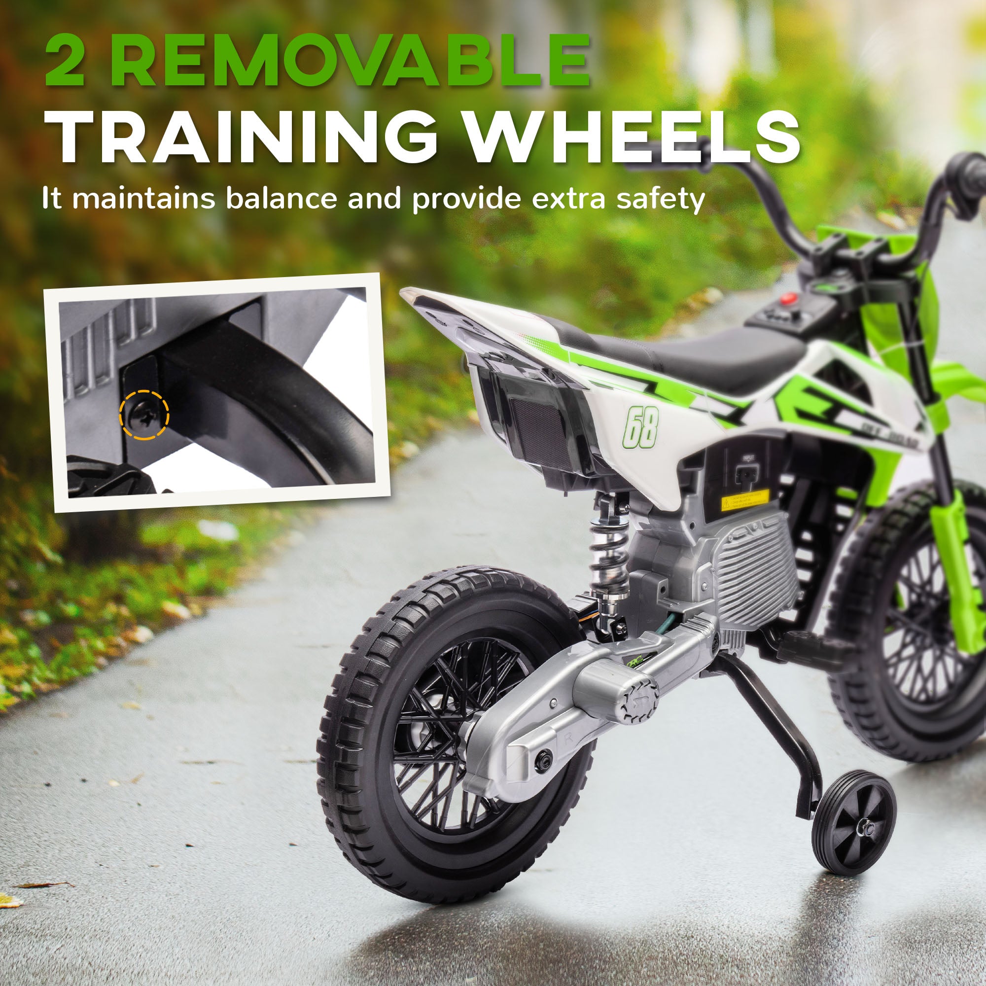 AIYAPLAY 12V Kids Electric Motorbike, Kids Electric Ride on Motorcycle w/ Twist Grip Throttle, Training Wheels - Green - anydaydirect