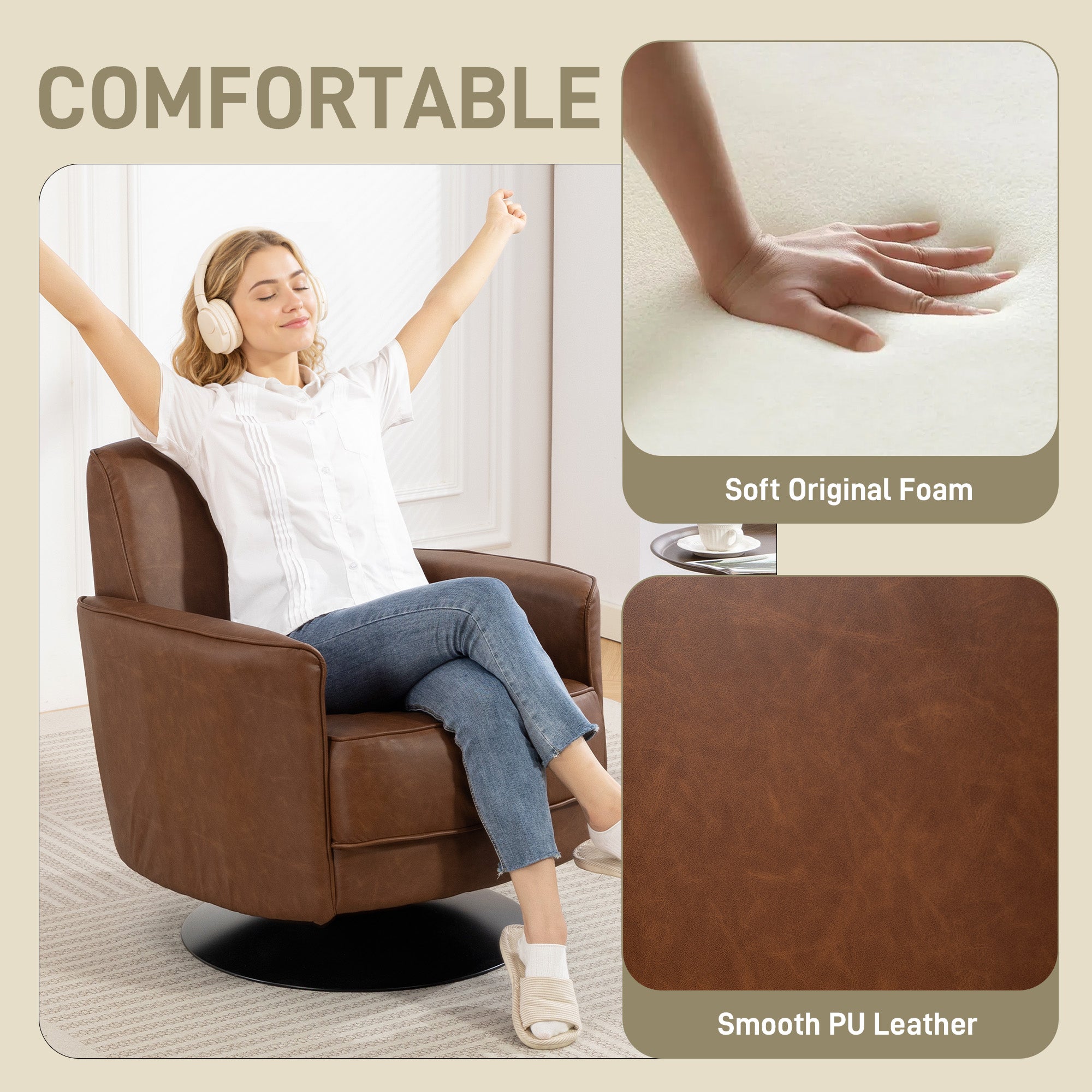 HOMCOM Upholstered Swivel Accent Chair with Thick Padding, Brown - anydaydirect