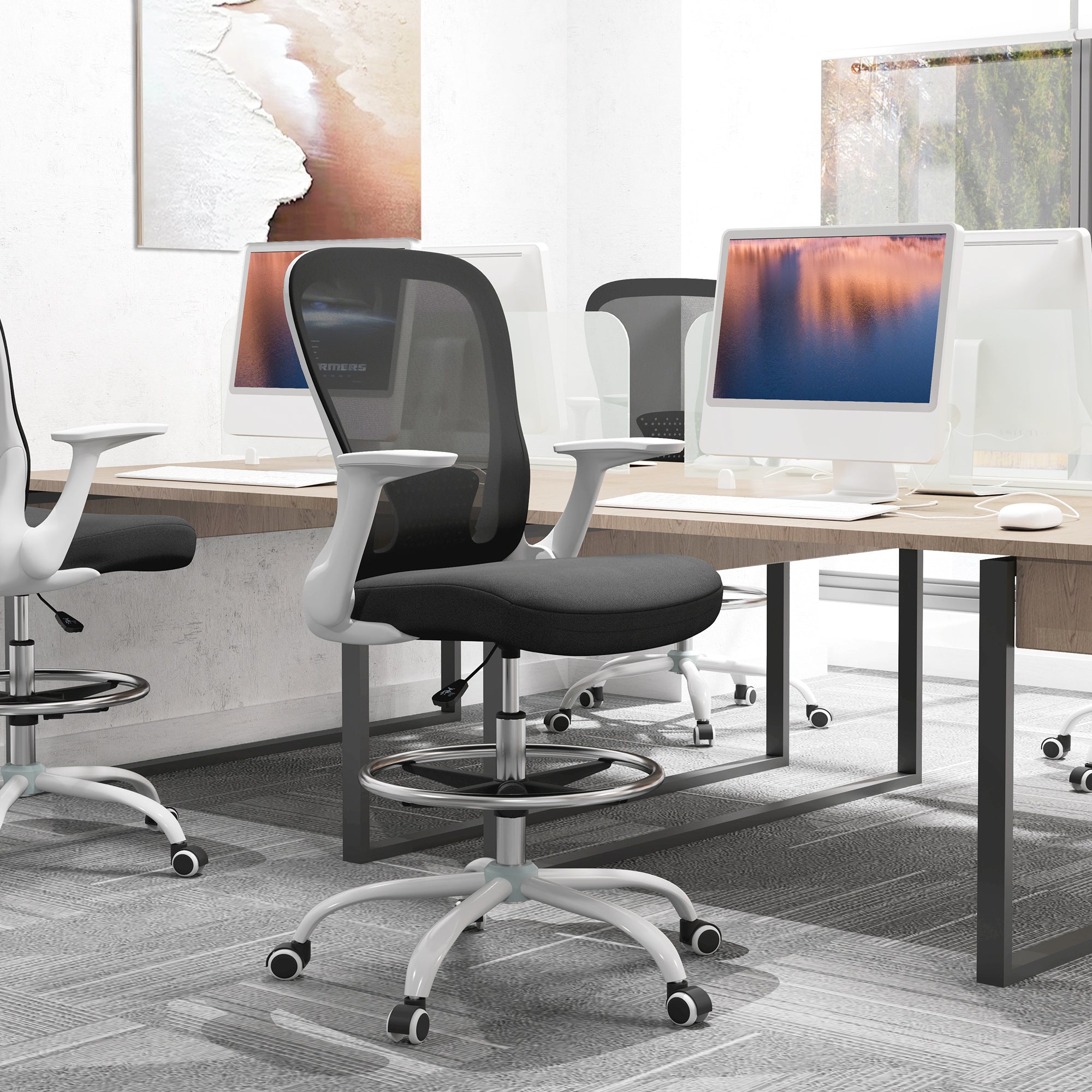 HOMCOM Draughtsman Chair, Mesh Drafting Chair, Ergonomic Office Chair with Flip-up Armrest, Adjustable Foot Ring, Black White - anydaydirect