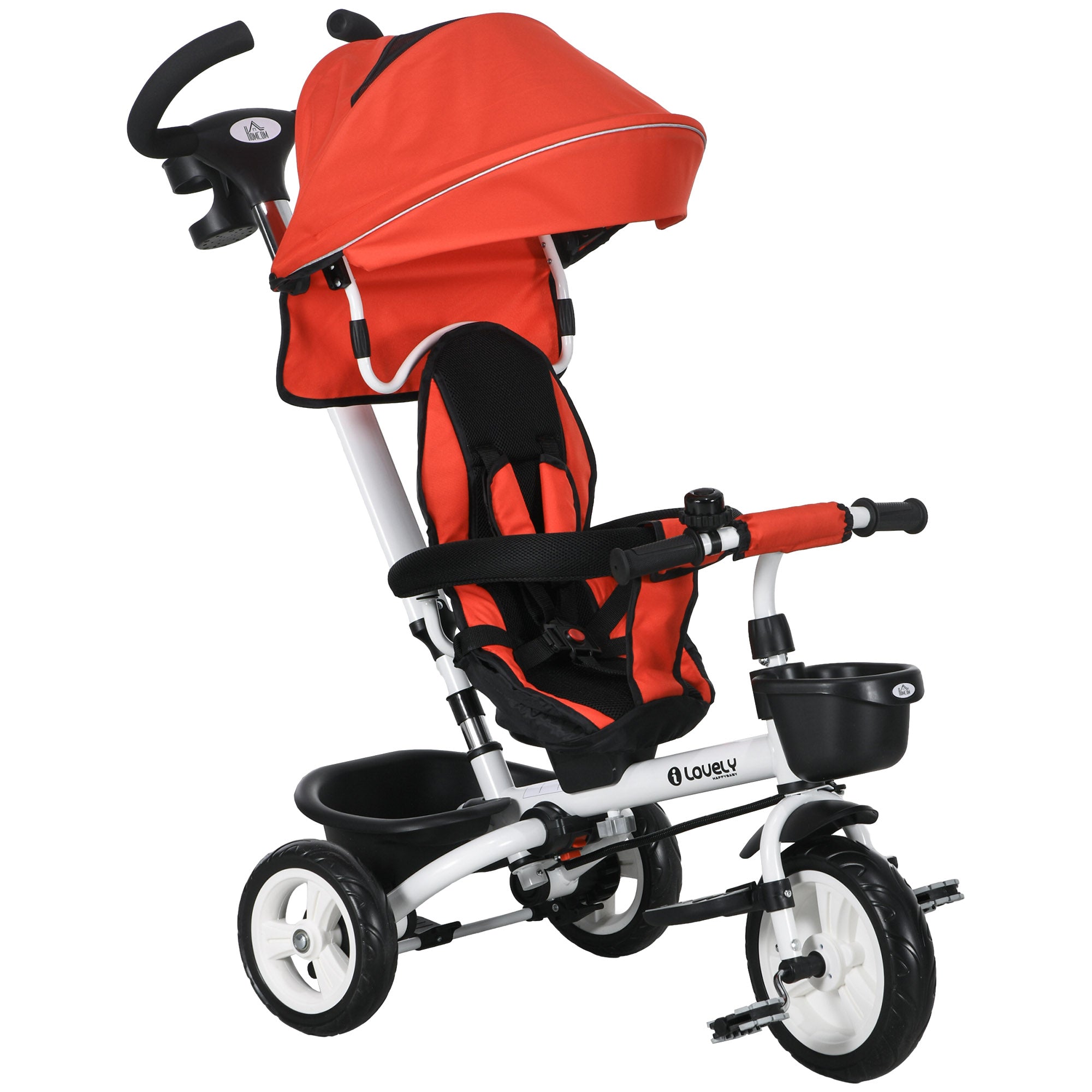 HOMCOM Metal Frame 4 in 1 Baby Push Tricycle with Parent Handle for 1-5 Years Old, Red - anydaydirect