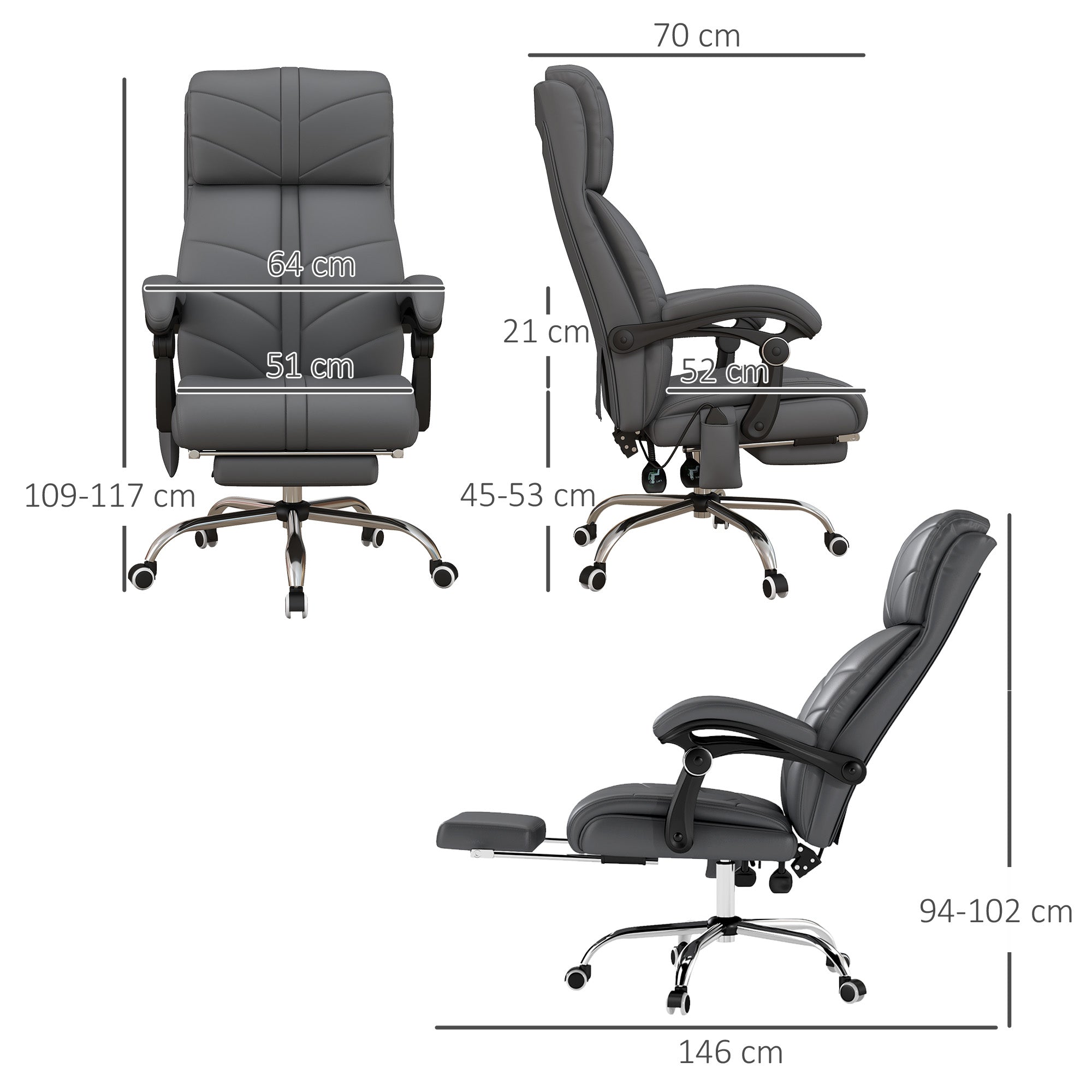 Vinsetto High Back Vibration Massage Office Chair, Heated Reclining PU Leather Computer Chair with Footrest, Grey - anydaydirect