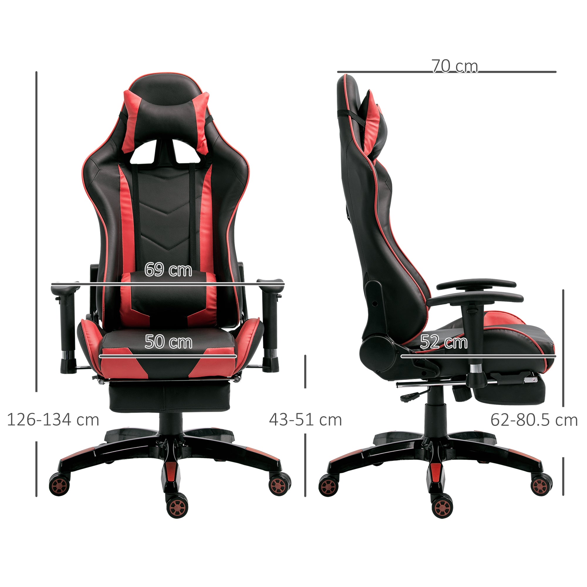 HOMCOM High-Back Gaming Chair Swivel Home Office Computer Racing Gamer Recliner Chair Faux Leather with Footrest, Wheels, Red Black - anydaydirect