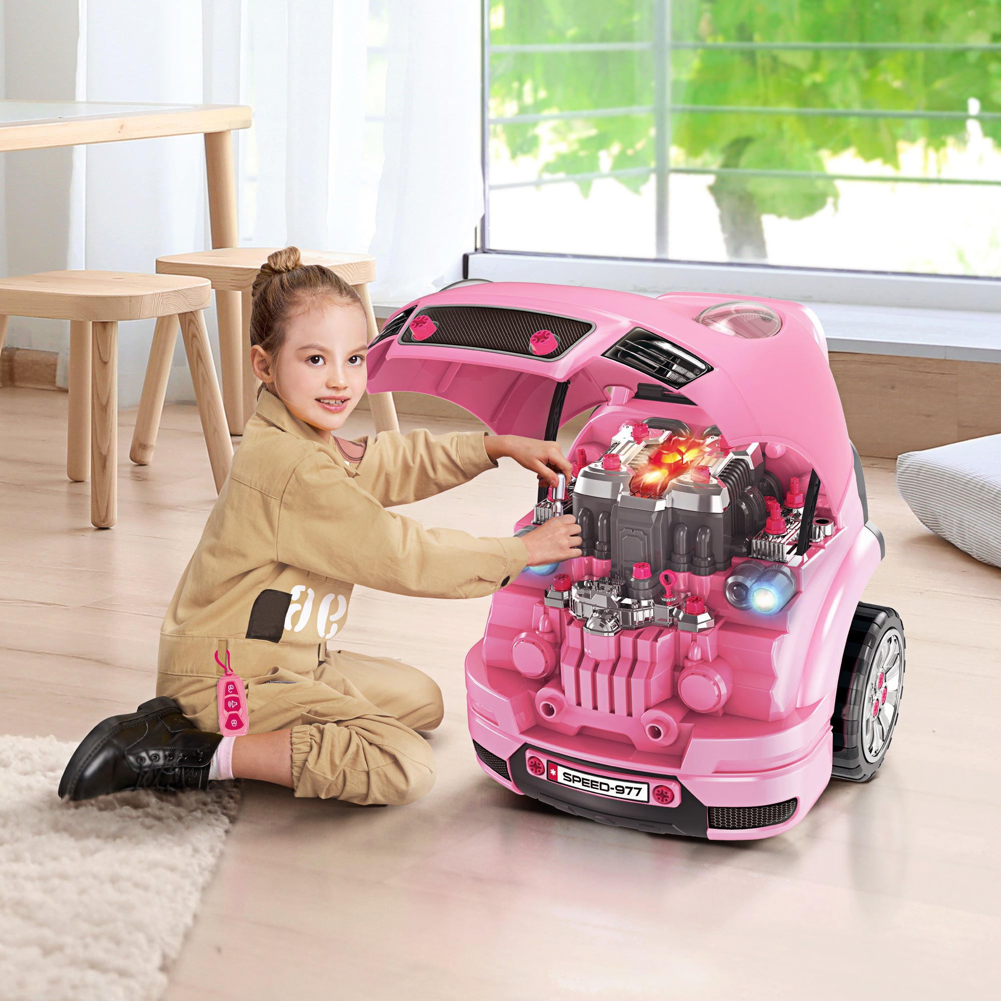 HOMCOM Kids Truck Engine Toy Set, with Horn, Light, Car Key, for Ages 3-5 Years - Pink - anydaydirect