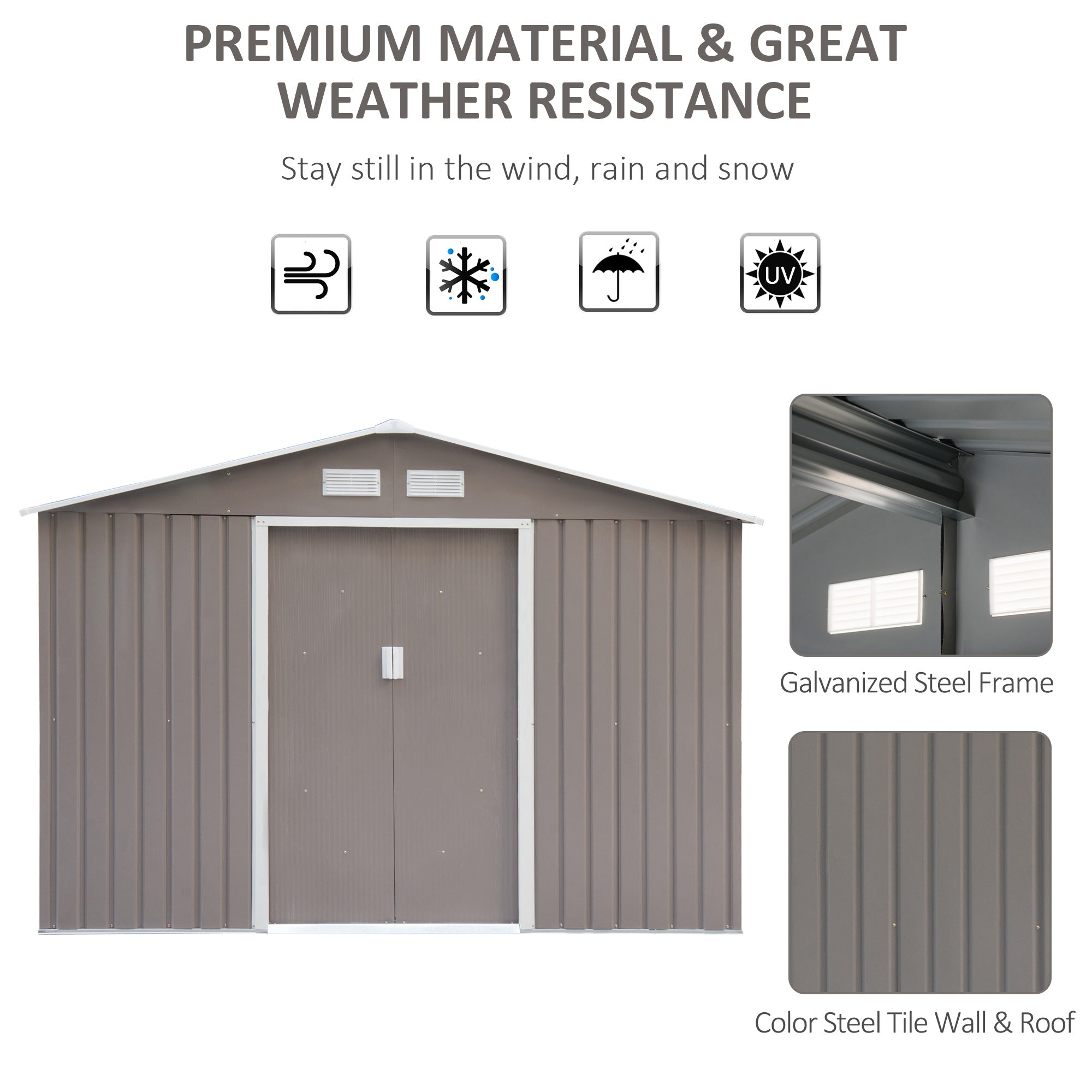 Outsunny 9 x 6 ft Metal Garden Storage Shed Sloped Roof Tool House with Foundation Ventilation & Double Door, Grey - anydaydirect