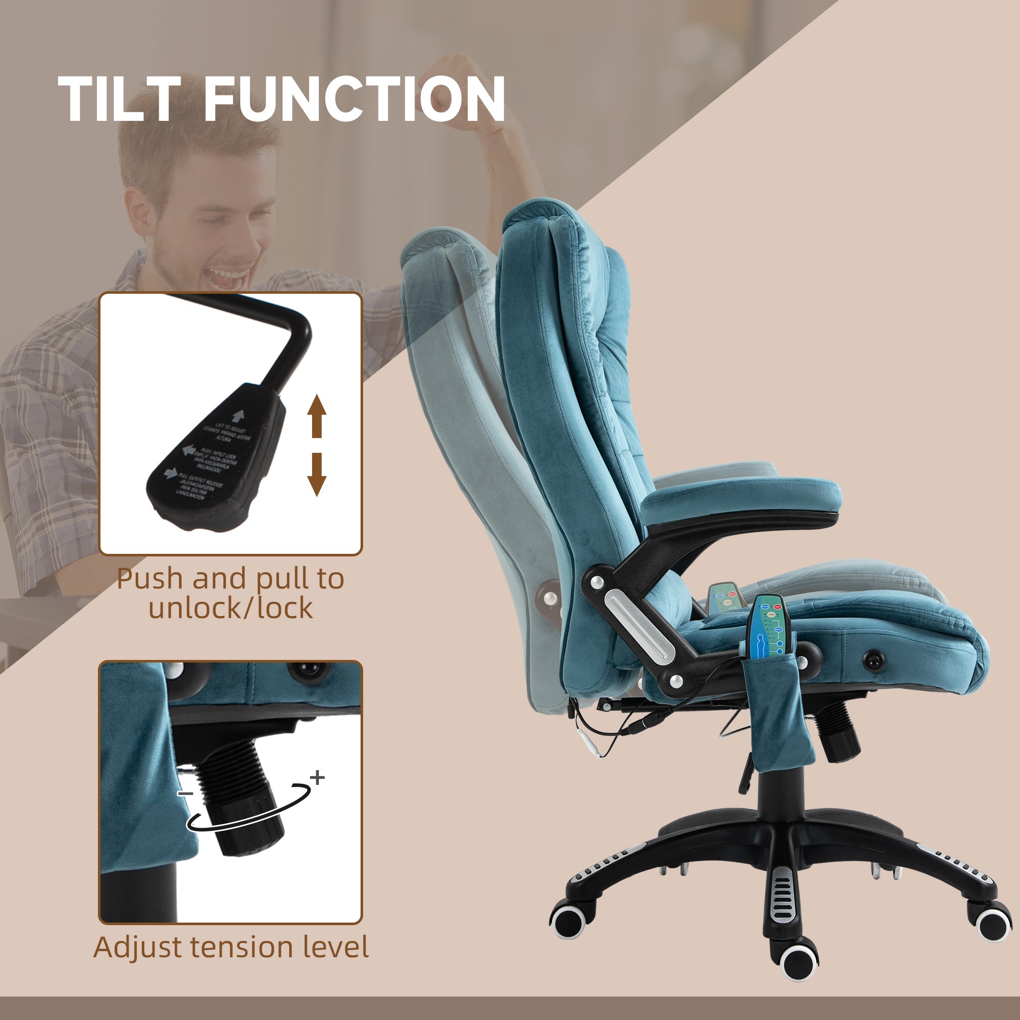 Vinsetto Massage Recliner Chair Heated Office Chair with Six Massage Points Velvet-Feel Fabric 360° Swivel Wheels Blue - anydaydirect