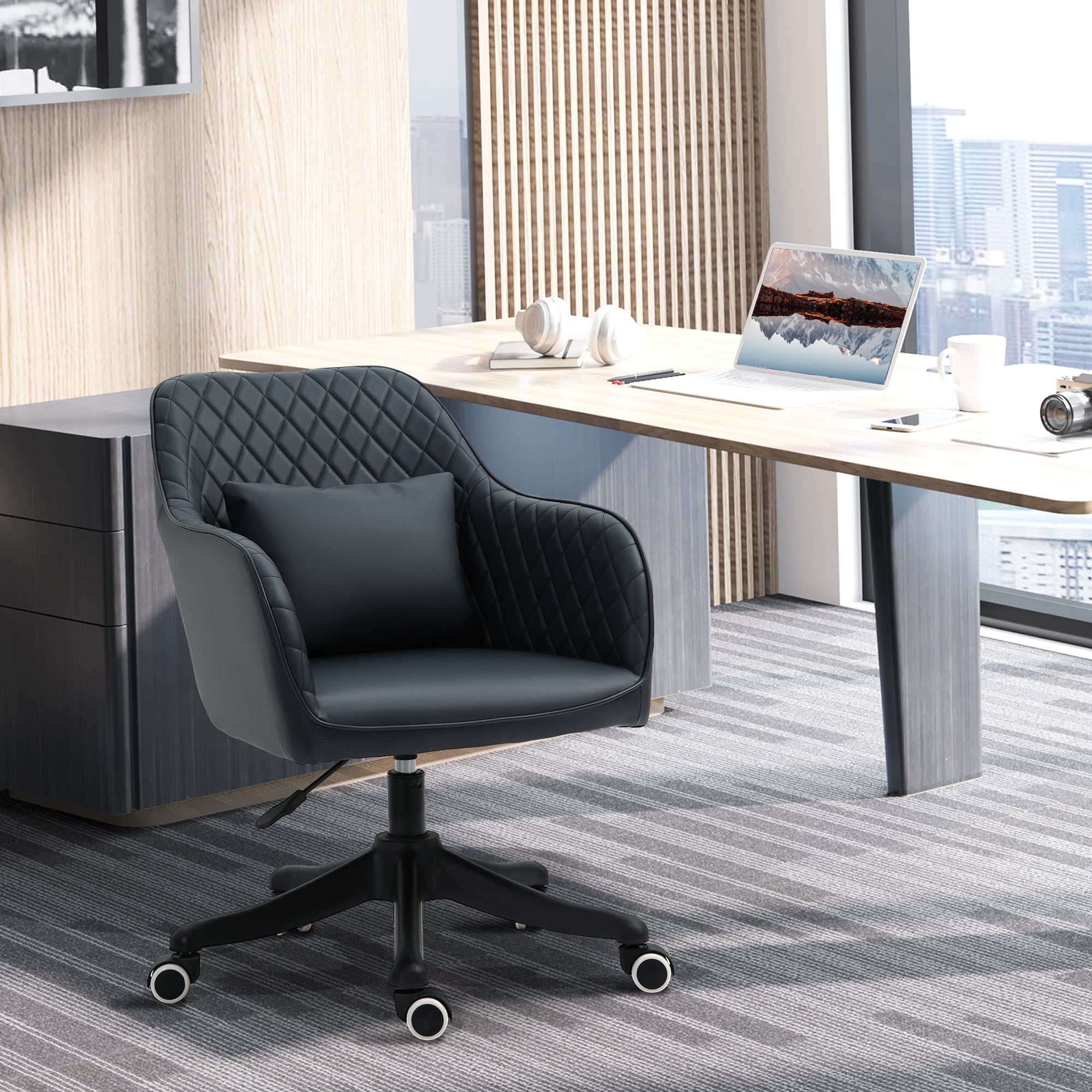 Vinsetto Velvet Office Chair, Desk Chair, Makeup Vanity Chair with Massage Lumbar Pillow and Rolling Wheels for Bedroom and Home, Deep Blue - anydaydirect