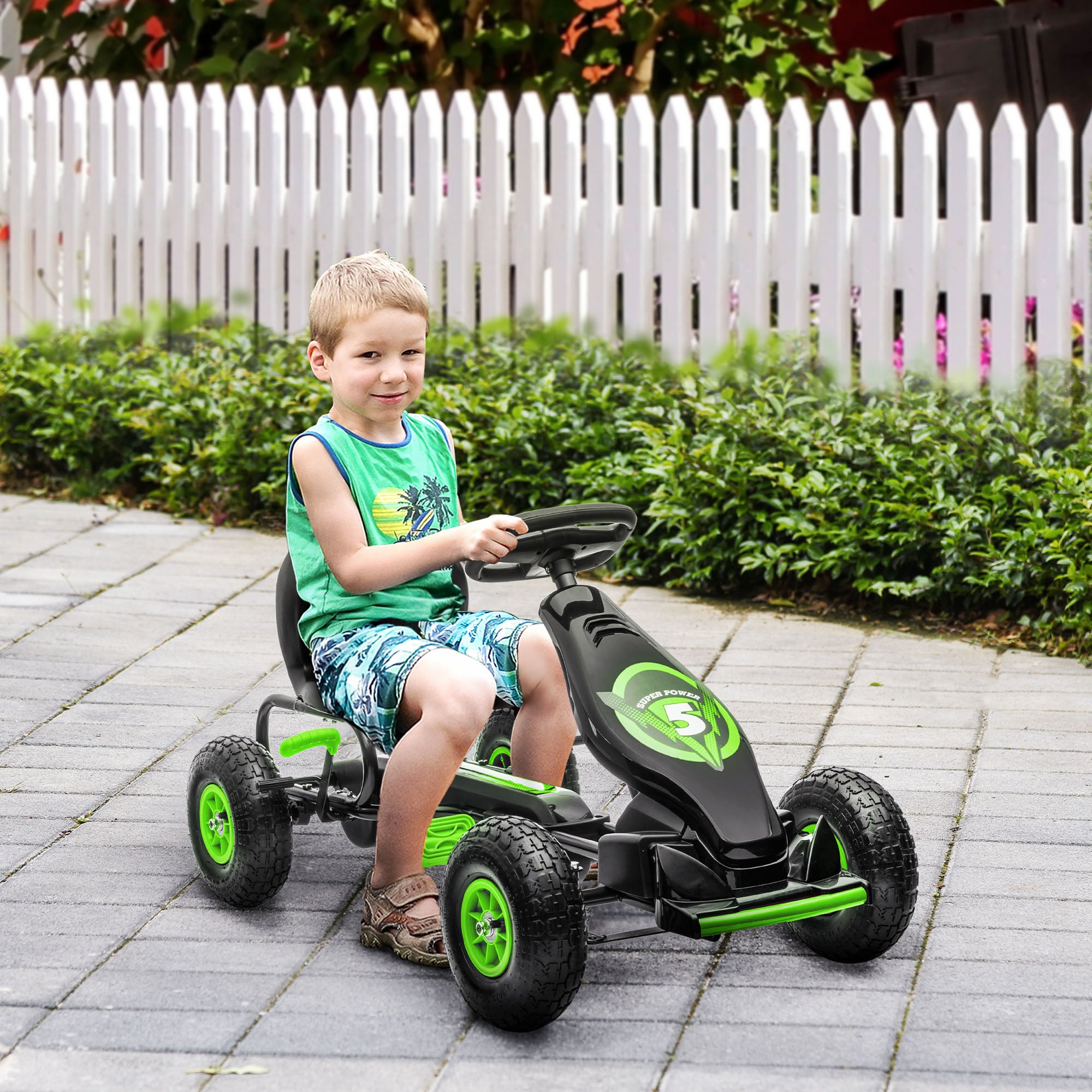 HOMCOM Children Pedal Go Kart, Racing Go Cart w/ Adjustable Seat, Inflatable Tyres, Shock Absorb, Handbrake, for Kids Ages 5-12, Green - anydaydirect