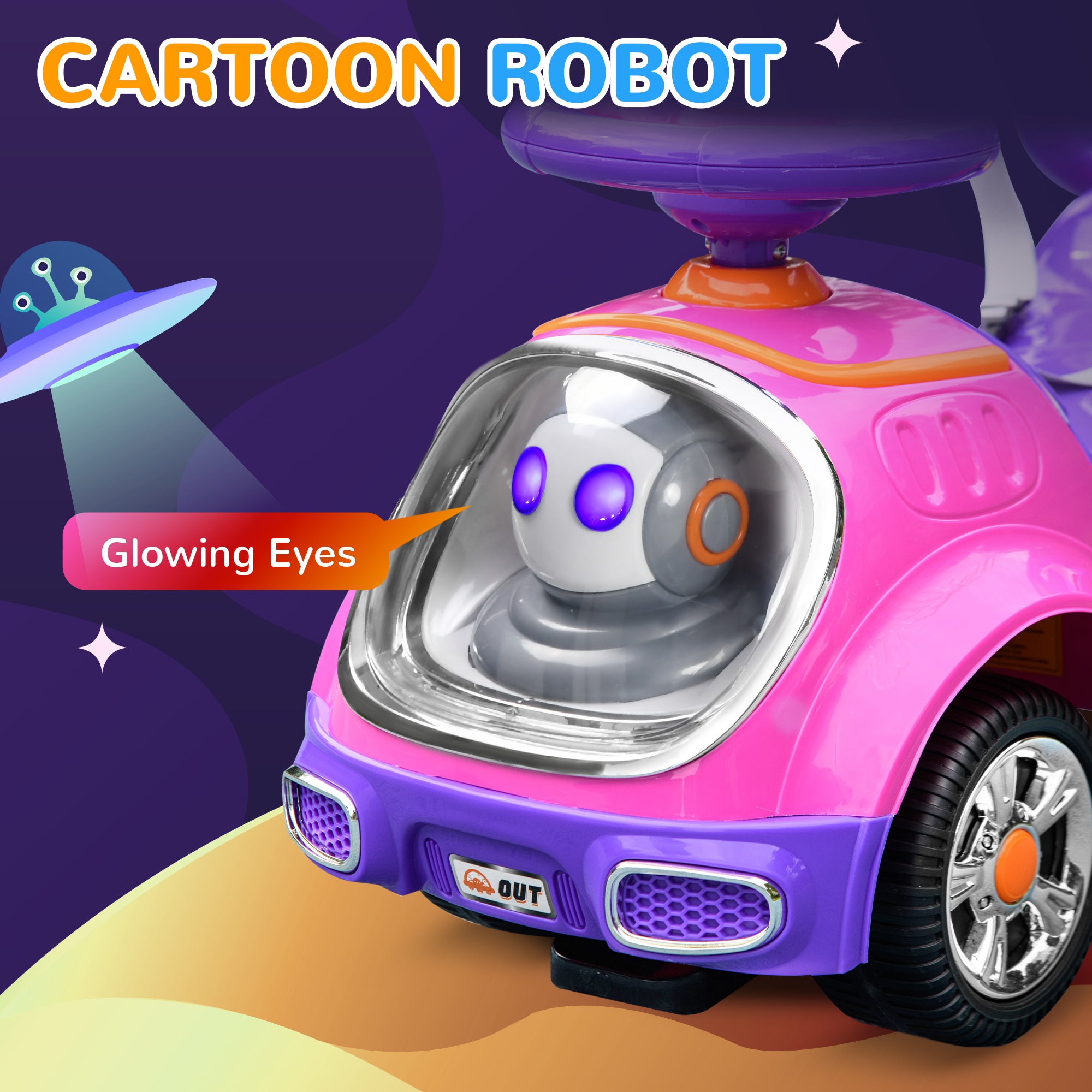 AIYAPLAY 3 in 1 Ride on Push Car, Cartoon Robot Theme Foot to Floor Slider w/ Handle Light Music Horn, Storage - Pink - anydaydirect
