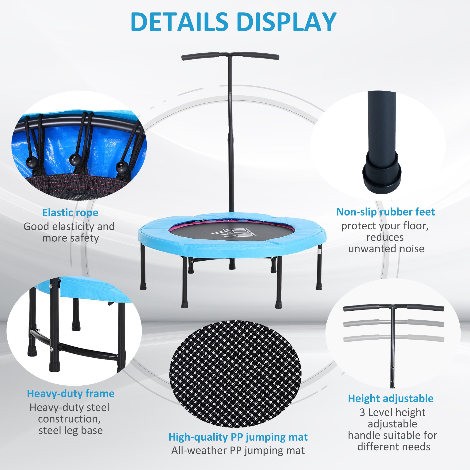 HOMCOM 40" Fitness Trampoline with Adjustable Handle, Rebounder Trampoline, Mini Jumper for Indoor Exercise Workout, Blue - anydaydirect