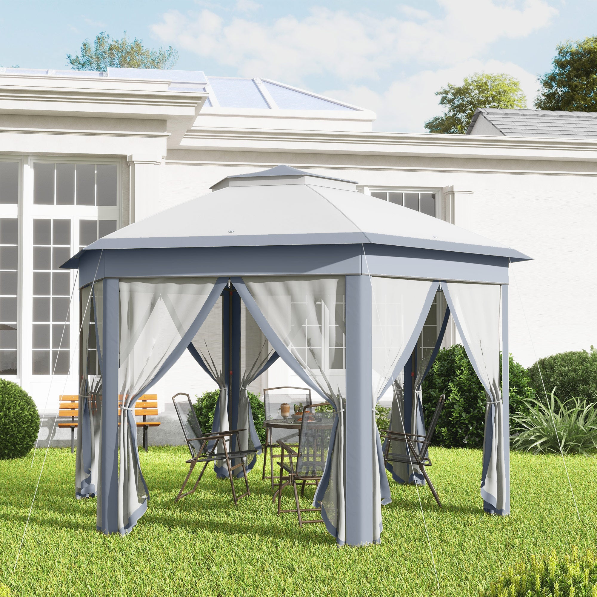 Outsunny 3 x 4m Metal Frame Hexagon Gazebo, with Curtains - Grey - anydaydirect