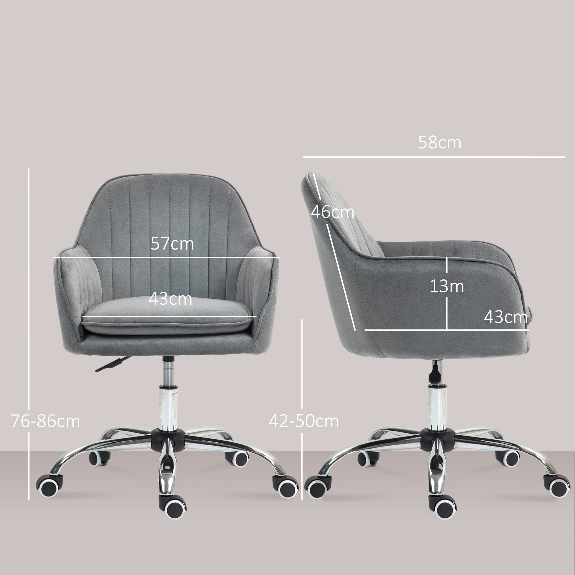 HOMCOM Office Chair, Swivel Desk Chair, Velvet-Feel Fabric Vanity Chair with Adjustable Height and Rolling Wheels for Home Work Study, Grey - anydaydirect