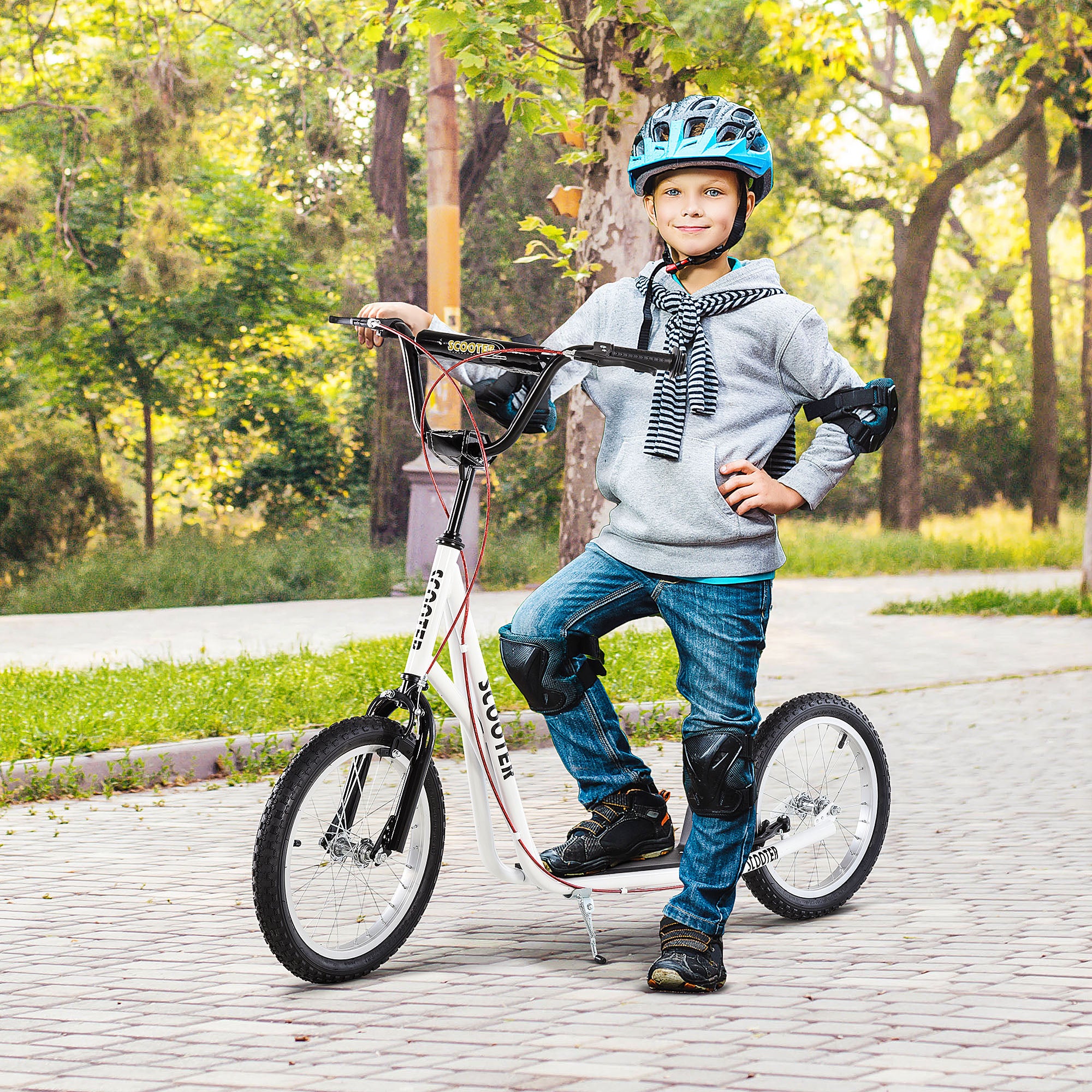 HOMCOM Stunt Scooter for Teens and Kids, Kick Scooter with Adjustable Handlebar, Dual Brakes, and 16 Inch Rubber Tyres, White - anydaydirect