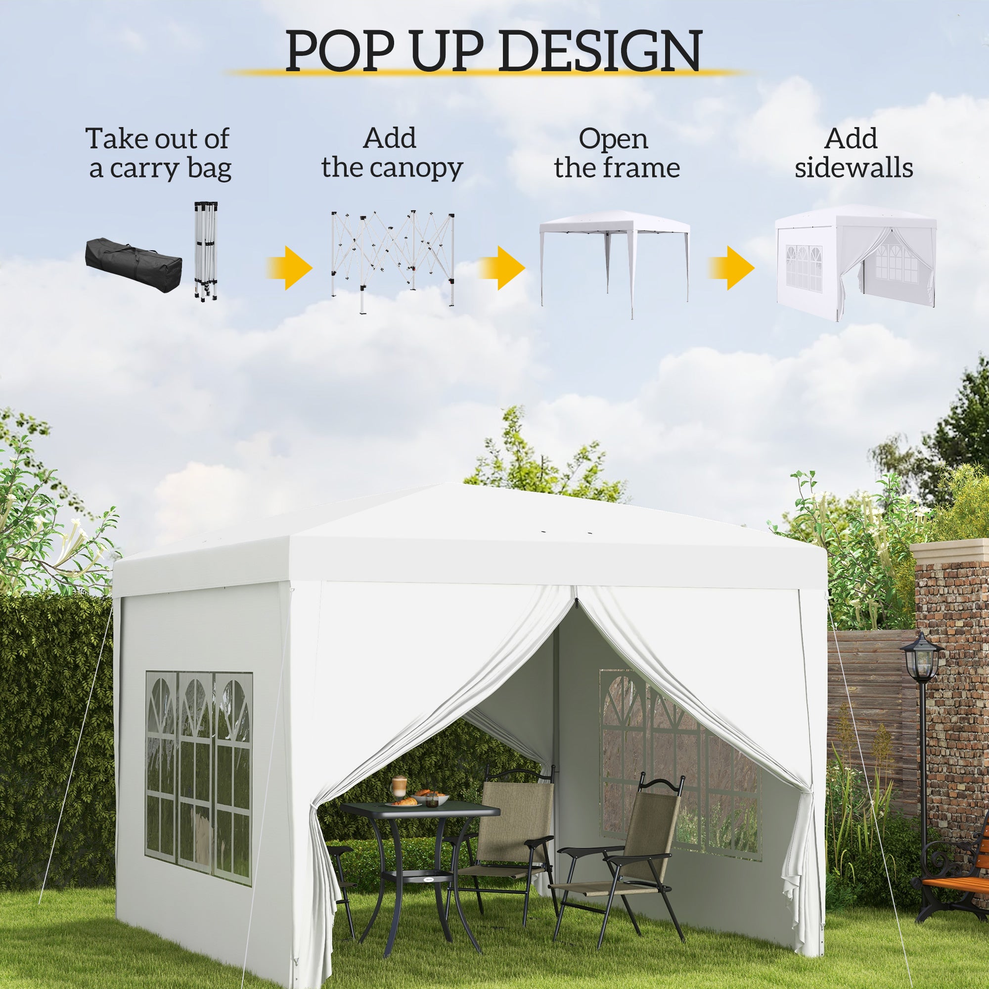 Outsunny 3 x 3m Pop Up Gazebo, Wedding Party Canopy Tent Marquee with Carry Bag and Windows, White - anydaydirect