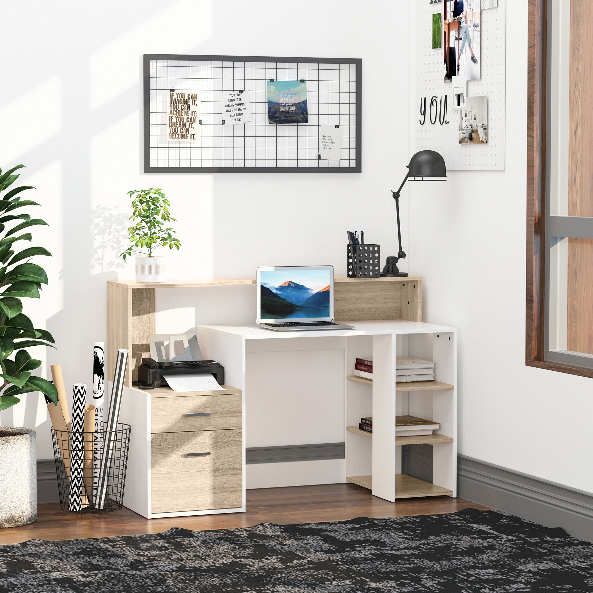 HOMCOM Computer Desk with Drawers and Storage Shelves, Reception Desk, Study Workstation for Home Office, 137 x 55 x 92cm, Oak and White - anydaydirect