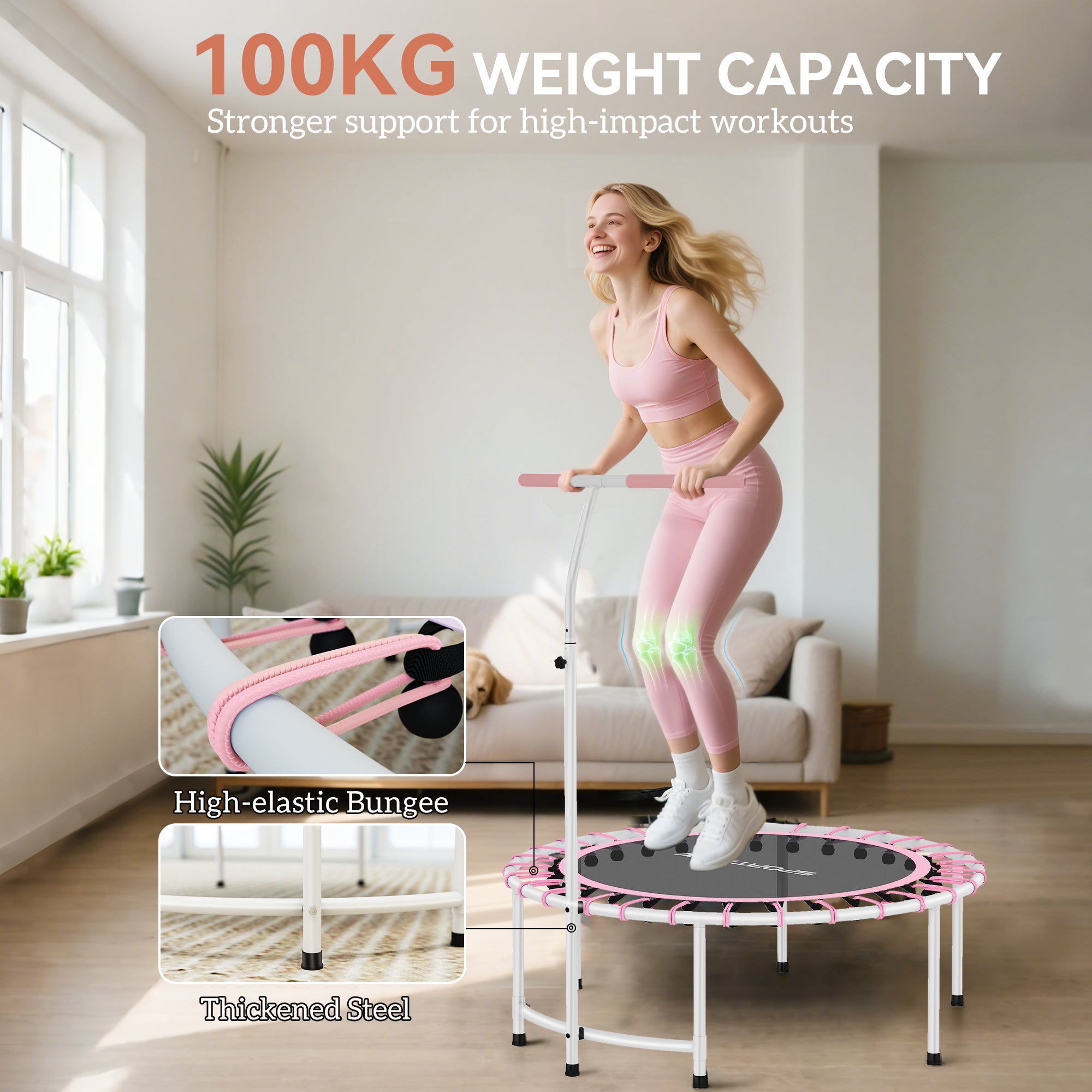 SPORTNOW 40" Fitness Trampoline, Mini Rebounder Trampoline for Adults with 5-Level Adjustable Handle, Indoor Exercise Bungee Rebounder, Max Load 100KG, Pink - anydaydirect