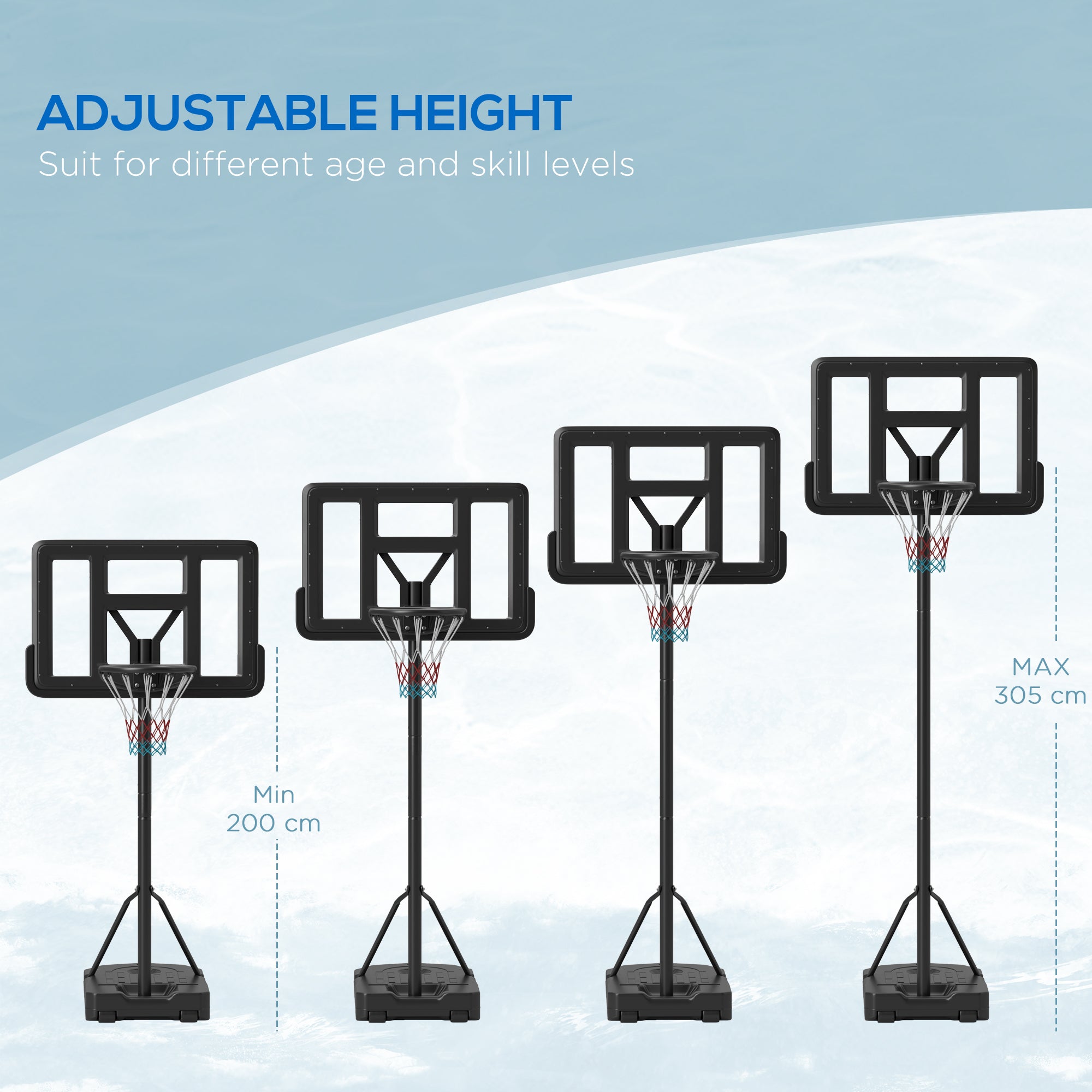 SPORTNOW Height Adjustable Basketball Stand Net Set System, Freestanding Basketball Hoop and Stand w/ Wheels, 200-305cm - Black - anydaydirect