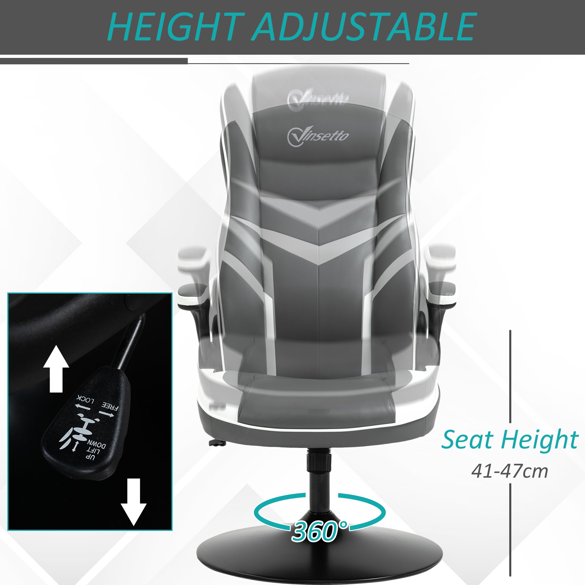 Vinsetto Gaming Chair Ergonomic Computer Chair with Adjustable Height Pedestal Base, Home Office Desk Chair PVC Leather Exclusive Swivel Chair Grey - anydaydirect