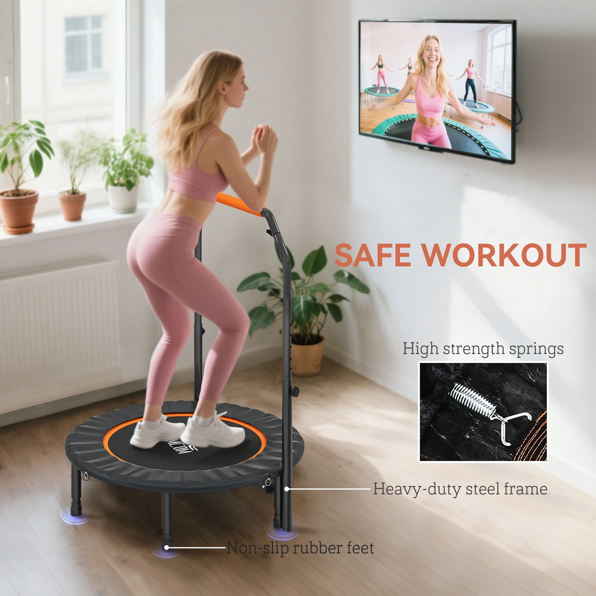 HOMCOM 40" Foldable Mini Fitness Trampoline, with Adjustable Foam Handle, Orange - anydaydirect