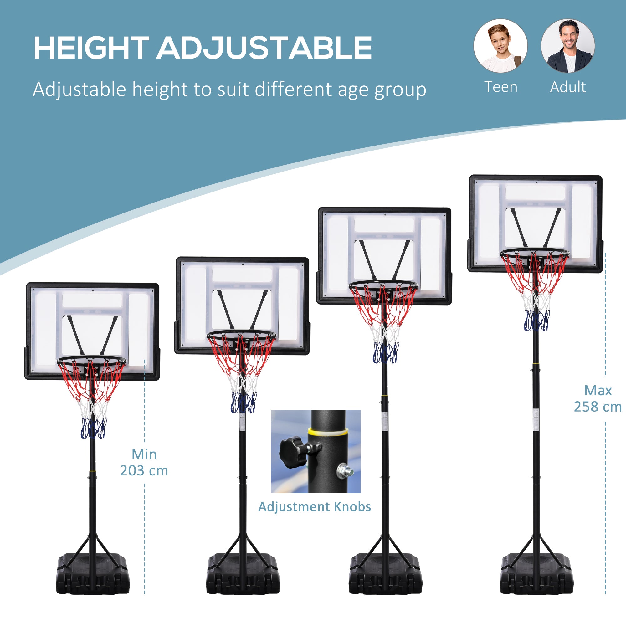 HOMCOM 1.55-2.1m Basketball Hoop and Stand w/ Fillable Base, Wheels - anydaydirect