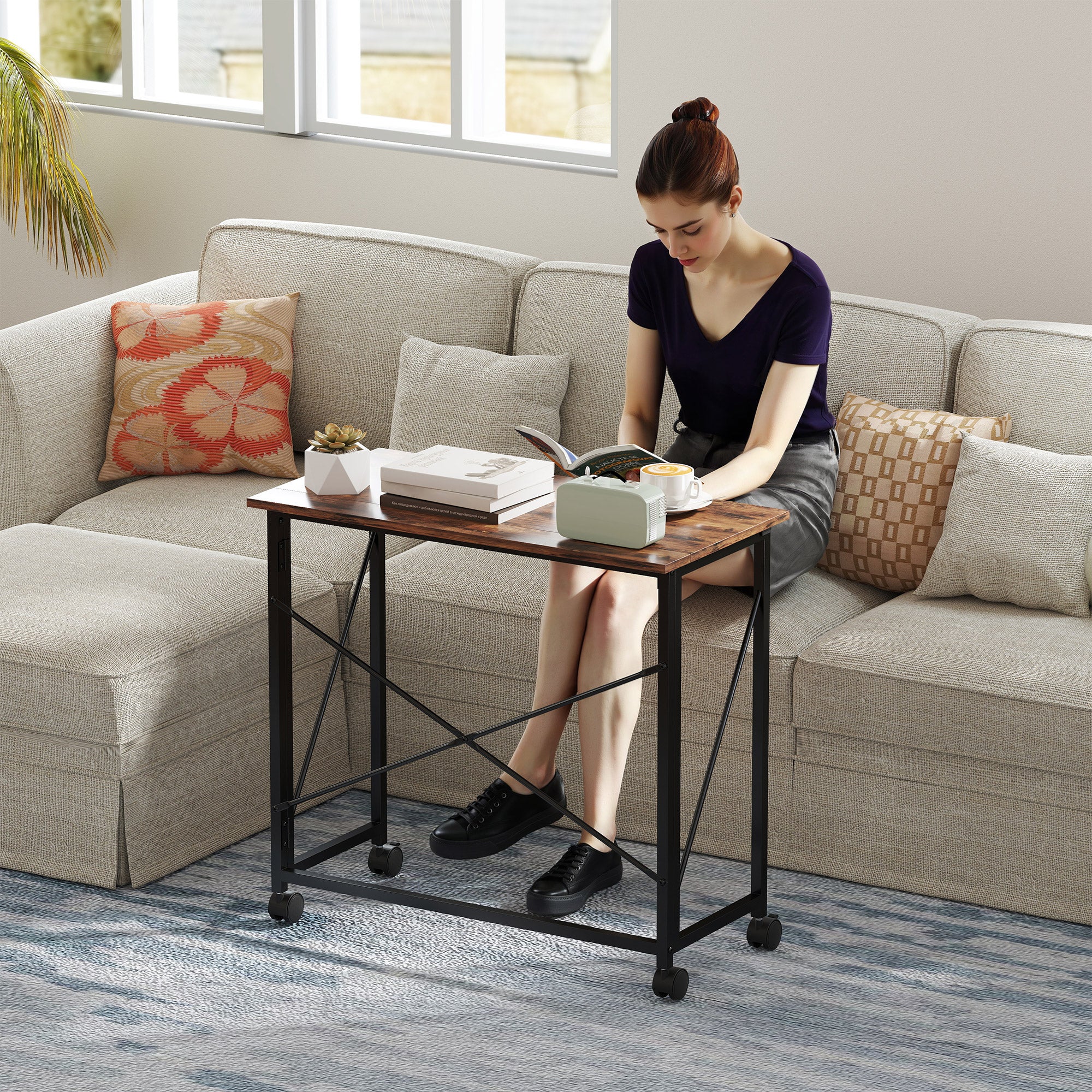 HOMCOM 80 cm Folding Desk on Wheels - Rustic Brown - anydaydirect