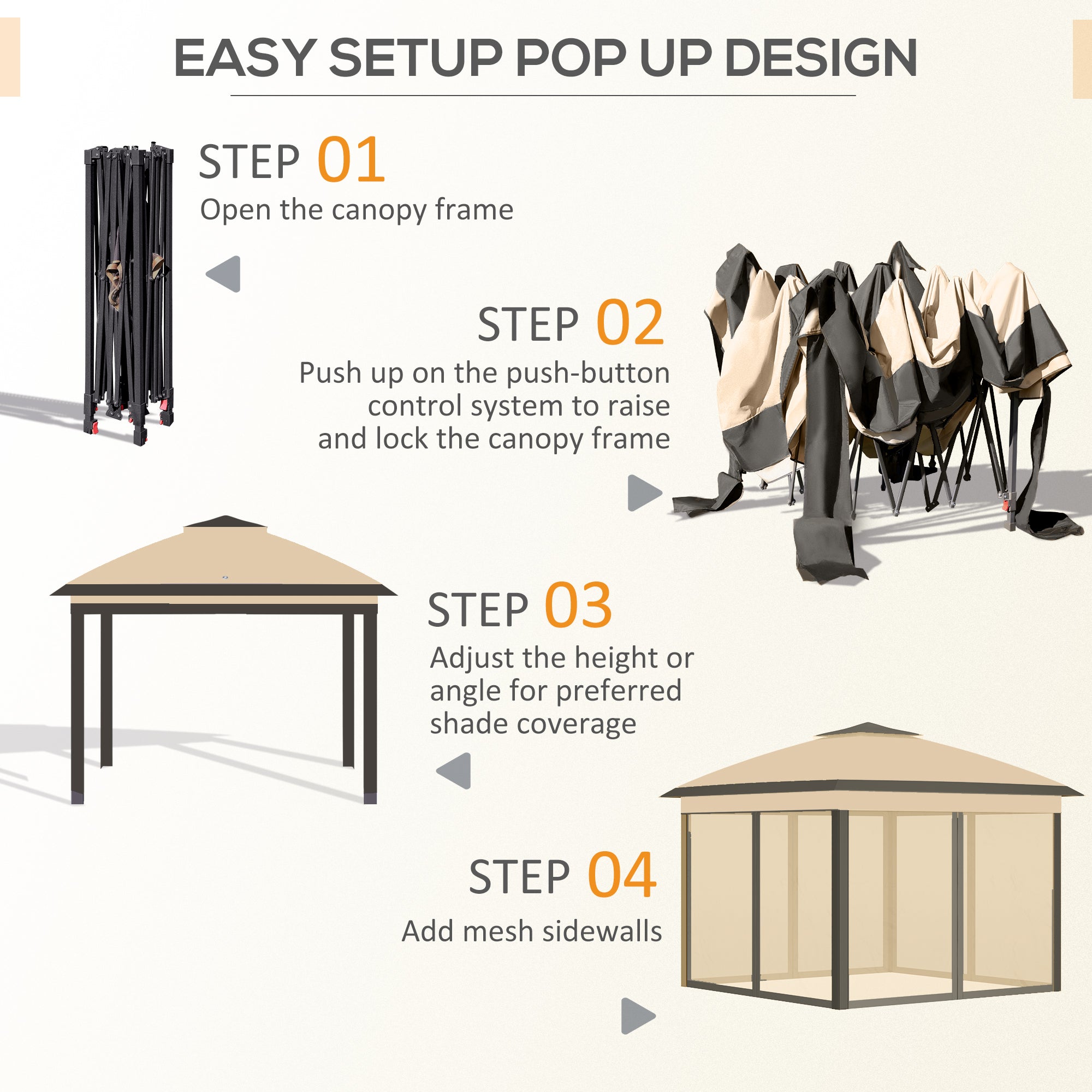 Outsunny 3.3 x 3.3m Pop Up Gazebo, Double Roof Foldable Canopy Tent with Zipped Mesh Sidewalls, Height Adjustable and Carrying Bag, Event Tent for Patio Garden, Beige - anydaydirect